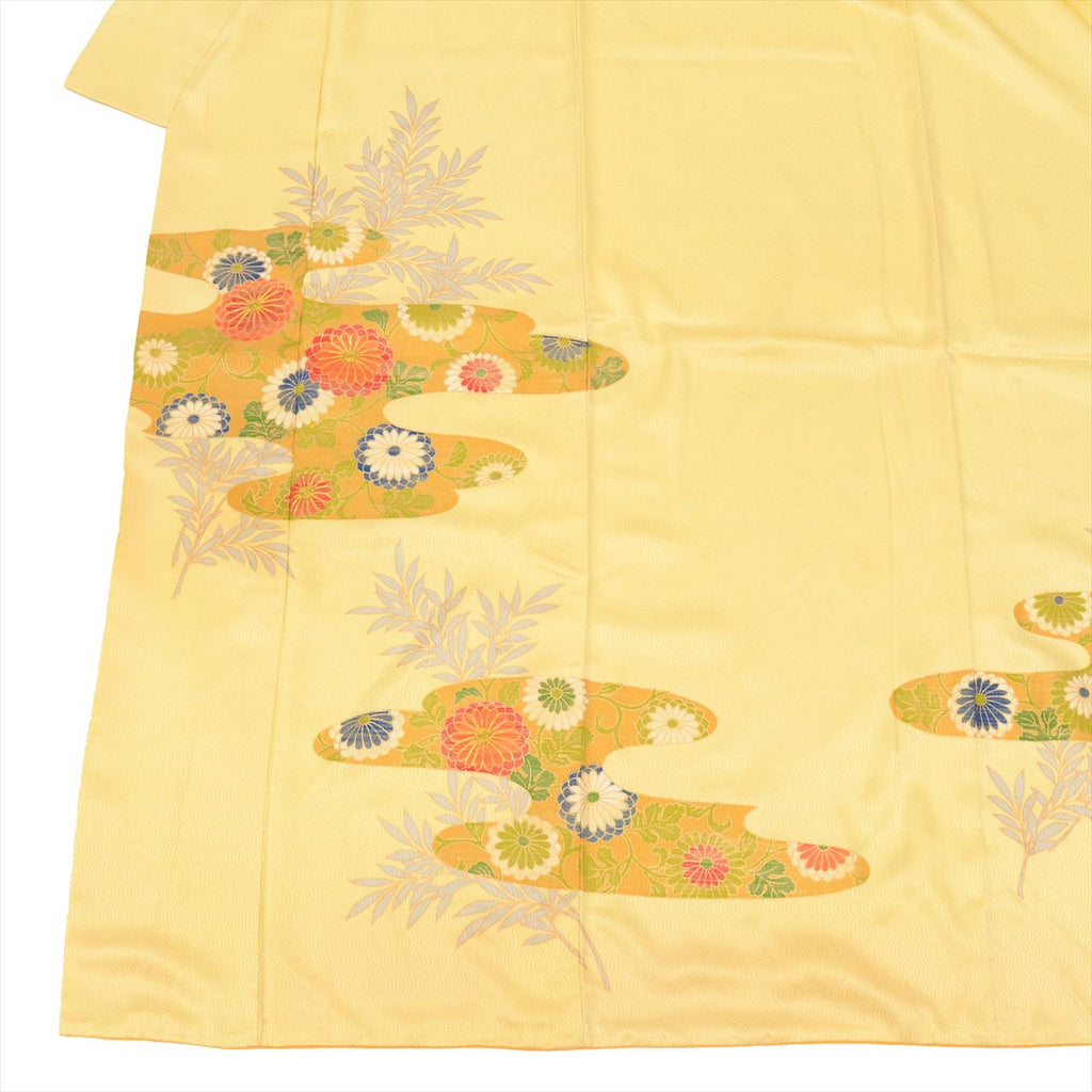 [Used] Recycled formal kimono (Houmongi), pure silk, length 166.5cm (65.6in), size LL, sleeve length 65.3cm (25.7in), ready-made, formal wear, recycled kimono, lined, used, yellowish, chrysanthemum pattern, gold embroidery, tt2754b 
