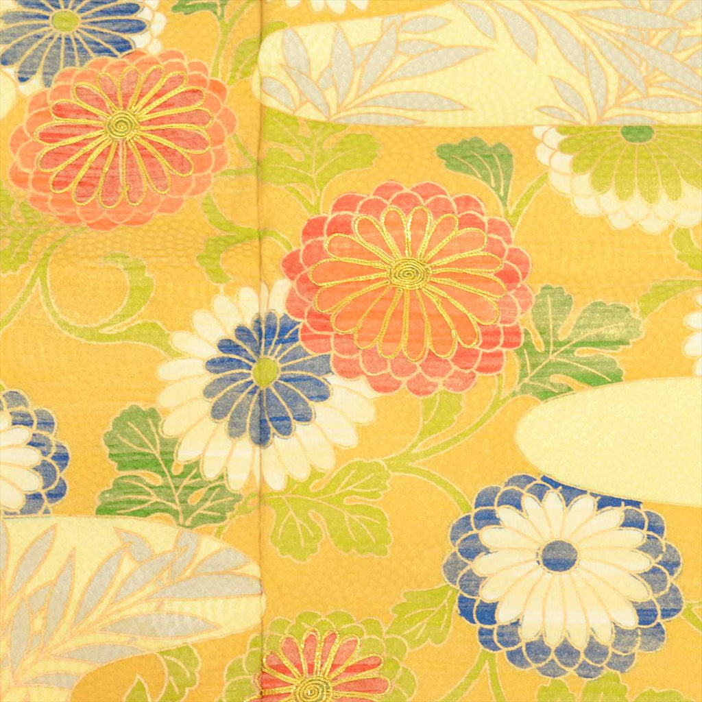 [Used] Recycled formal kimono (Houmongi), pure silk, length 166.5cm (65.6in), size LL, sleeve length 65.3cm (25.7in), ready-made, formal wear, recycled kimono, lined, used, yellowish, chrysanthemum pattern, gold embroidery, tt2754b 