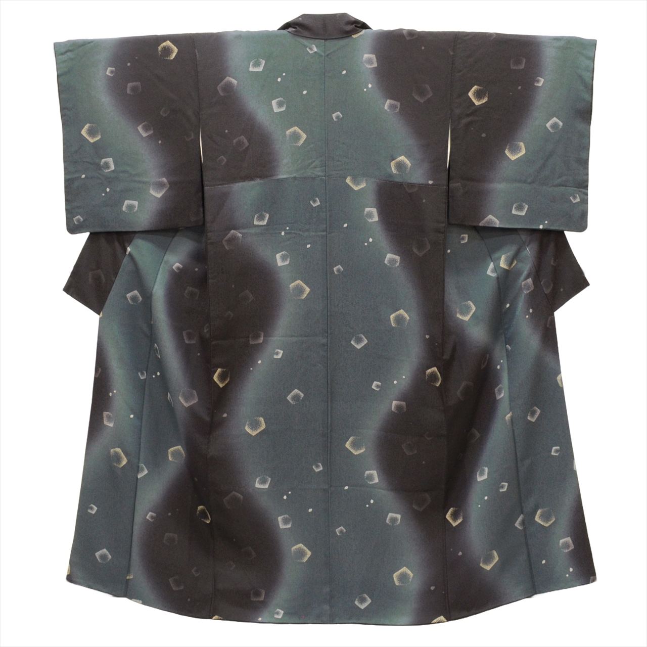 [Used] Komon (small patterned) recycled kimono, pure silk, length 151.0cm (59.4in), size S, sleeve length 68.0cm (26.8in), cleaned, black, geometric pattern, lined, high quality, semi-formal, spring, summer, autumn, winter, ready-made. 