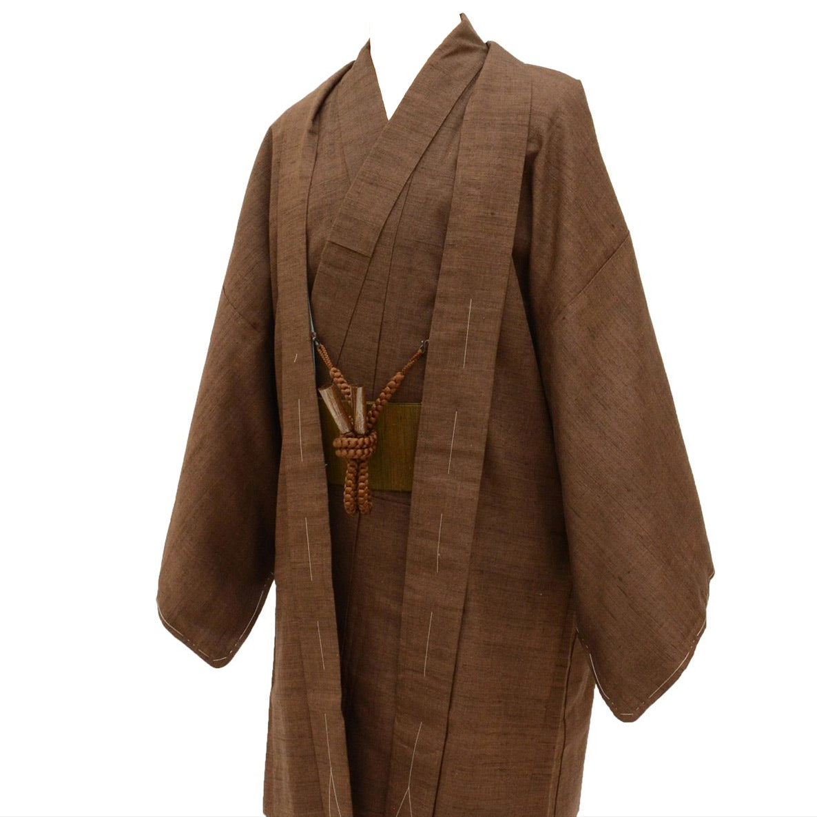 [Used] Men's Kimono and Haori Ensemble, Authentic Shiozawa Tsumugi Silk, Length 142.5cm (56.1in) (M), Sleeve Length 68.0cm (26.8in), Ready-made, Recycled Kimono, Handwoven, Cleaned, Antique, Brown, Comes with Obi and Haori Cord, ttc2560a40 