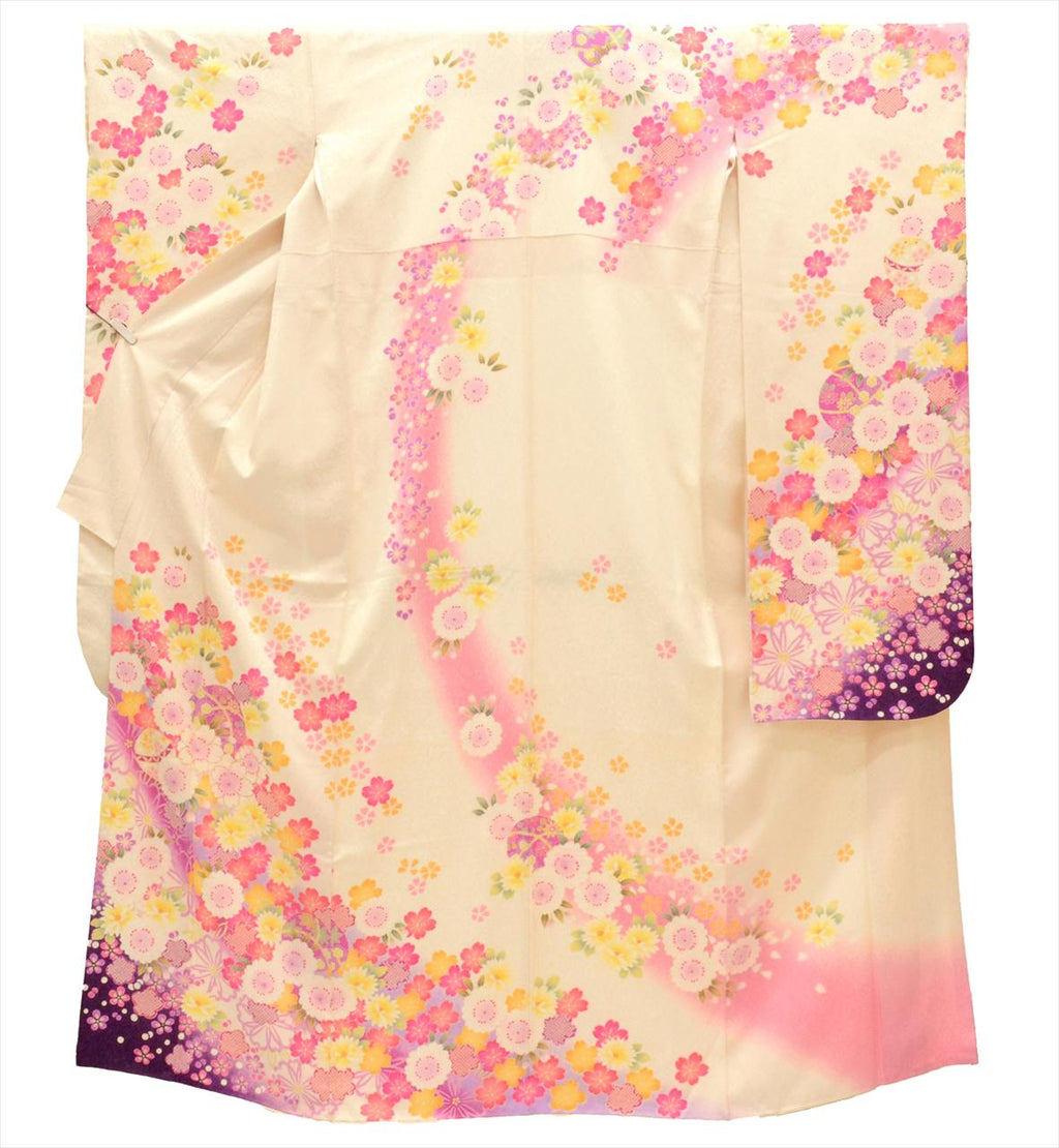 [Used] Furisode (long-sleeved kimono) - Single item, Length 171.0cm (67.3in), Size LL, Sleeve length 67.5cm (26.6in), Ready-made, Recycled kimono, Used, White, Floral pattern, Gold thread, Vintage, uu0002b 
