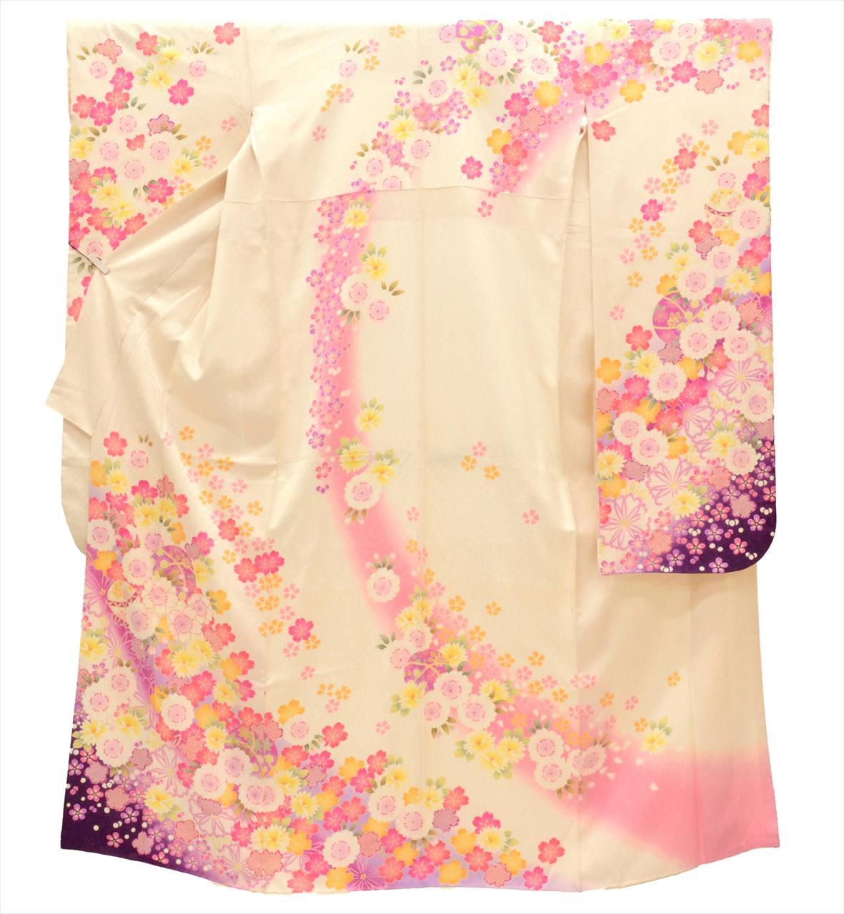 [Used] Furisode (long-sleeved kimono) - Single item, Length 171.0cm (67.3in), Size LL, Sleeve length 67.5cm (26.6in), Ready-made, Recycled kimono, Used, White, Floral pattern, Gold thread, Vintage, uu0002b 