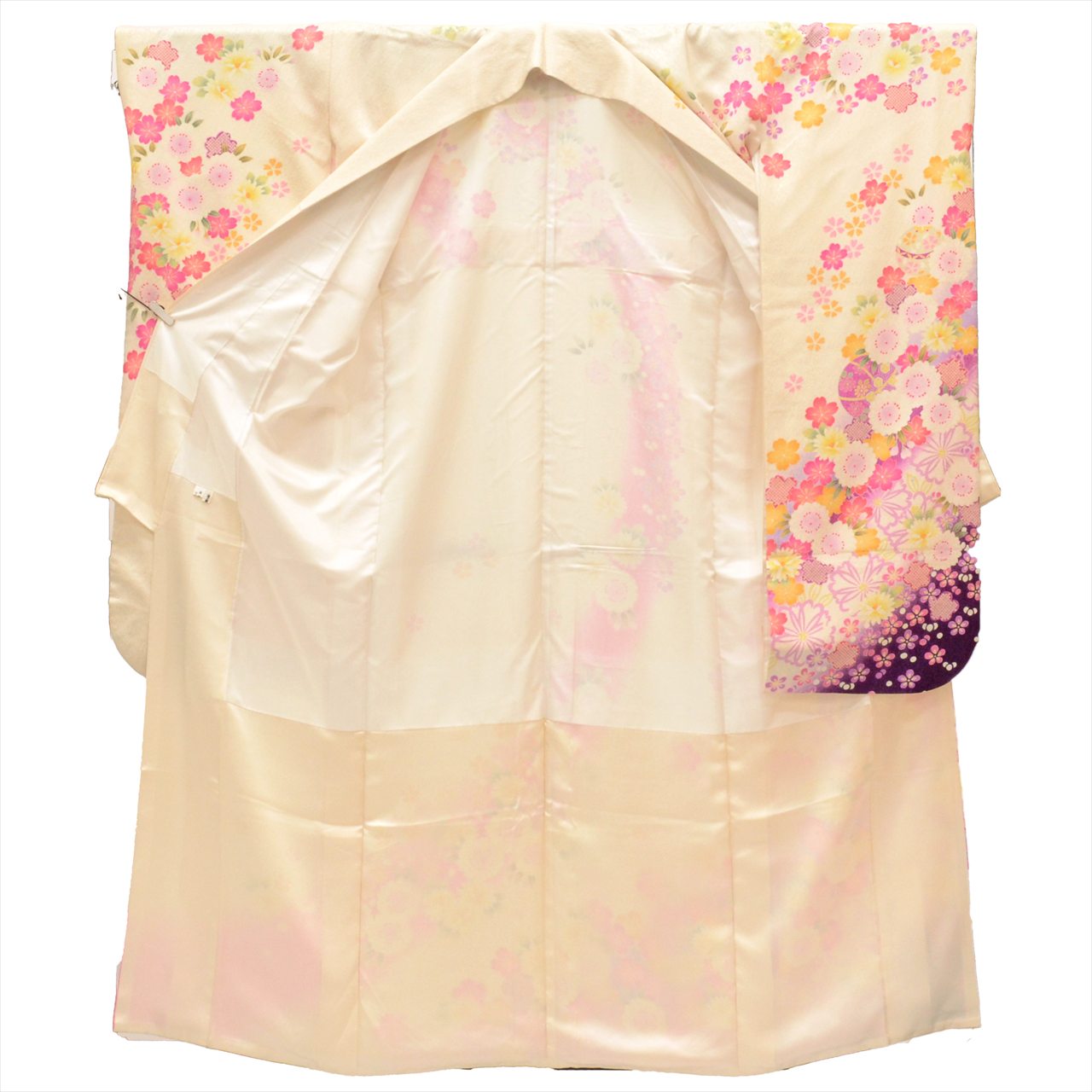 [Used] Furisode (long-sleeved kimono) - Single item, Length 171.0cm (67.3in), Size LL, Sleeve length 67.5cm (26.6in), Ready-made, Recycled kimono, Used, White, Floral pattern, Gold thread, Vintage, uu0002b 