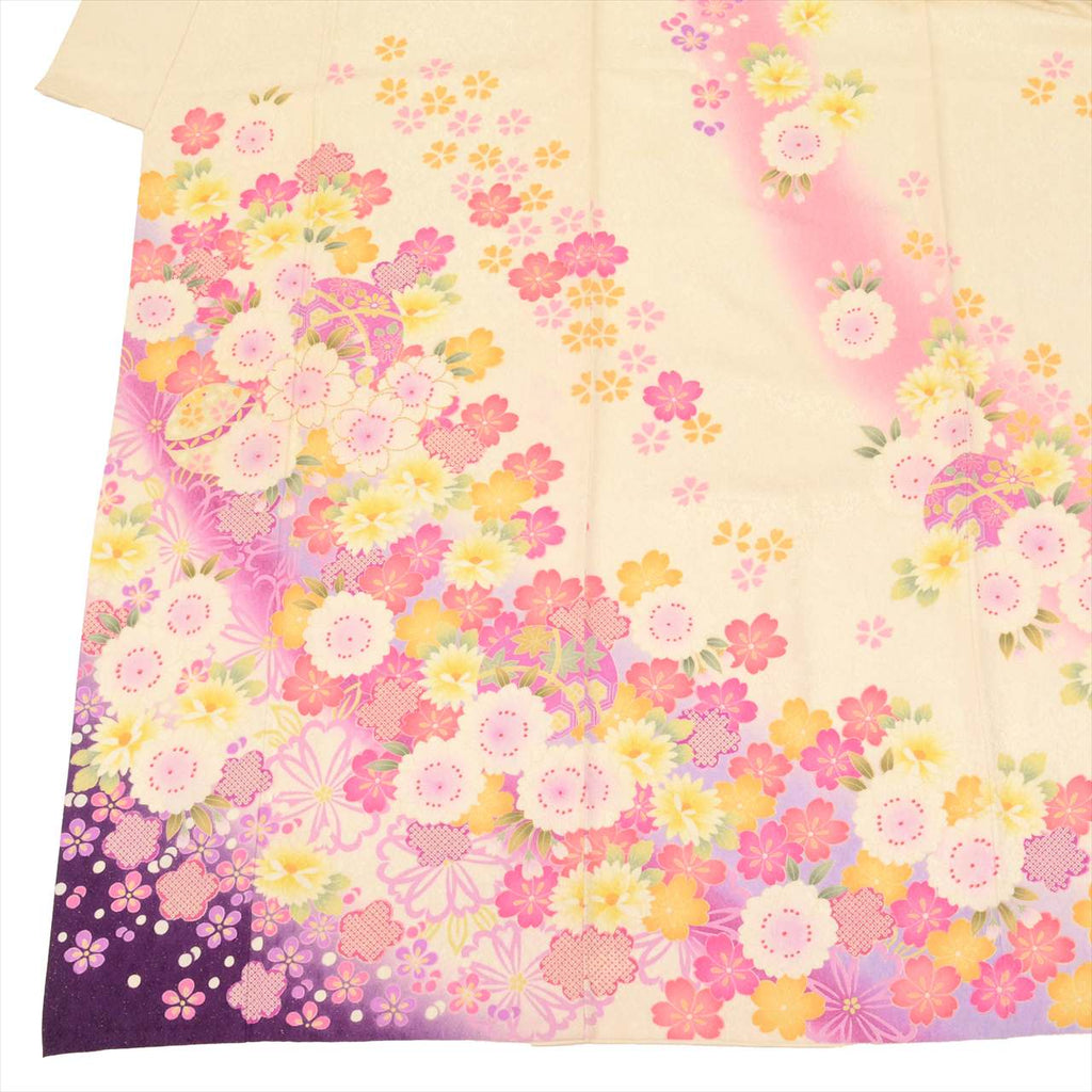 [Used] Furisode (long-sleeved kimono) - Single item, Length 171.0cm (67.3in), Size LL, Sleeve length 67.5cm (26.6in), Ready-made, Recycled kimono, Used, White, Floral pattern, Gold thread, Vintage, uu0002b 