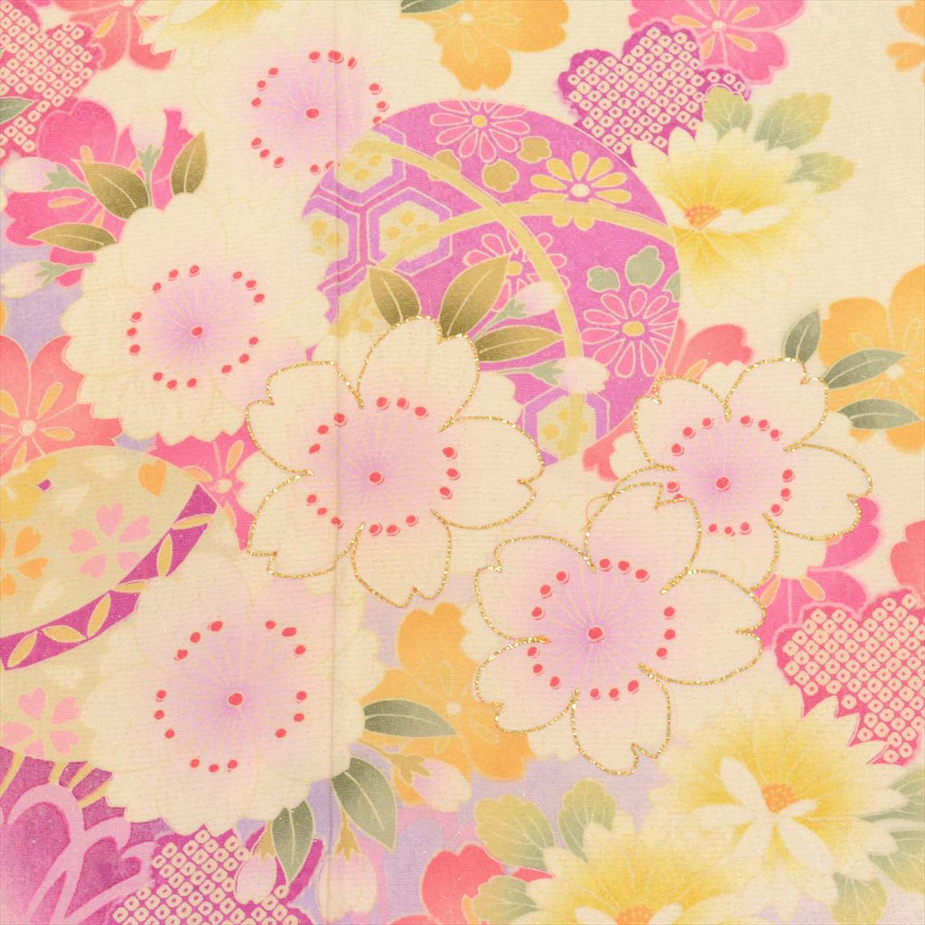 [Used] Furisode (long-sleeved kimono) - Single item, Length 171.0cm (67.3in), Size LL, Sleeve length 67.5cm (26.6in), Ready-made, Recycled kimono, Used, White, Floral pattern, Gold thread, Vintage, uu0002b 