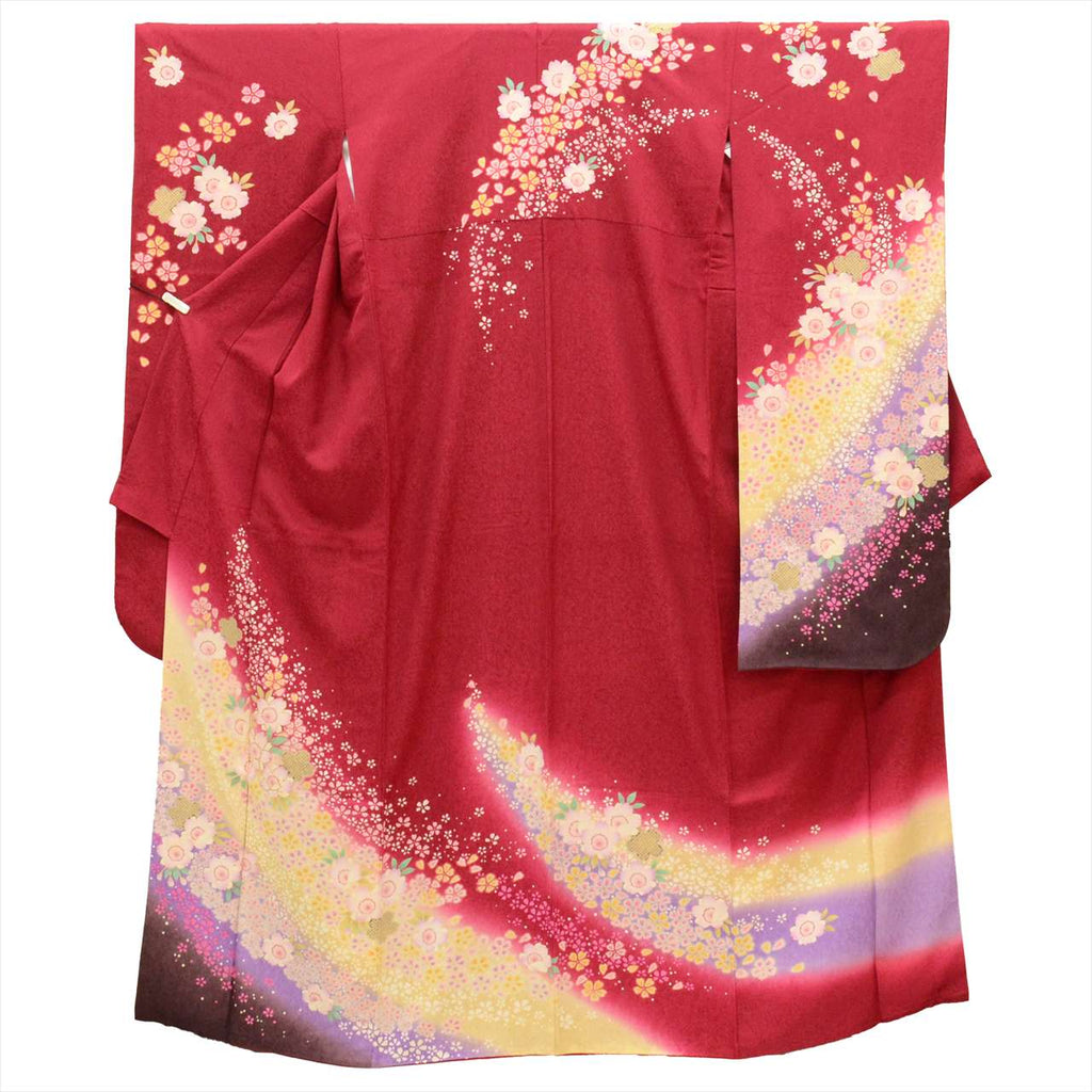 [Used] Furisode (long-sleeved kimono) - Single item, Pure silk, Length 172.0cm (67.7in) (LL size), Sleeve length 66.5cm (26.2in), Ready-made, Recycled kimono, Used, Excellent condition, Purple, Floral pattern, Gold embroidery, Vintage, uu0004b 