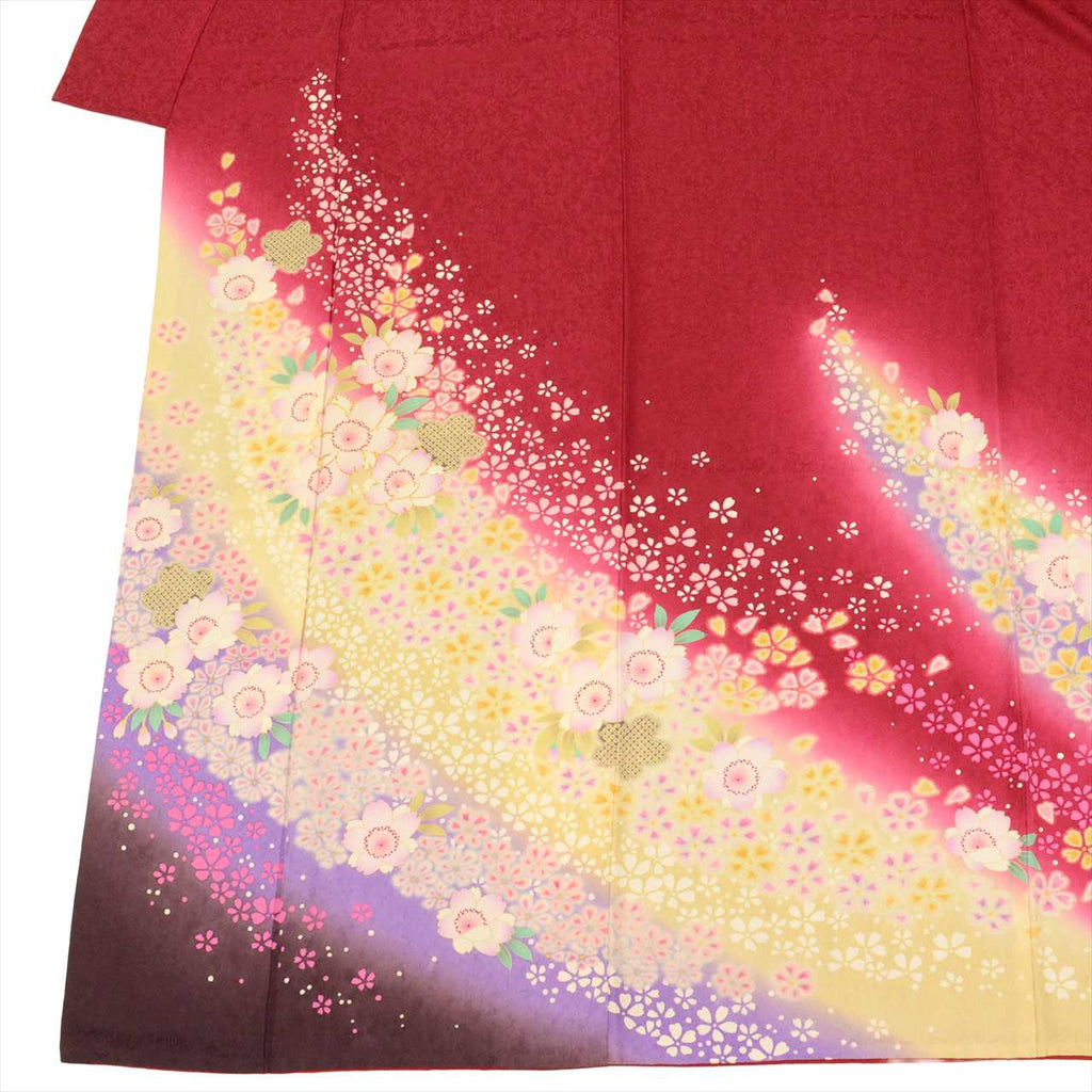 [Used] Furisode (long-sleeved kimono) - Single item, Pure silk, Length 172.0cm (67.7in) (LL size), Sleeve length 66.5cm (26.2in), Ready-made, Recycled kimono, Used, Excellent condition, Purple, Floral pattern, Gold embroidery, Vintage, uu0004b 