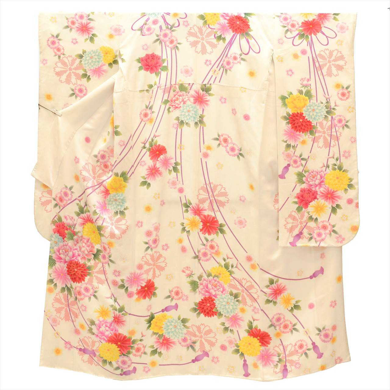 [Used] Furisode (long-sleeved kimono) - Single item, Pure silk, Length 165.5cm (65.2in) (L), Sleeve length 69.5cm (27.4in), Ready-made, Recycled kimono, Used, White with floral cord pattern, Silver accents, Vintage, uu0005b 