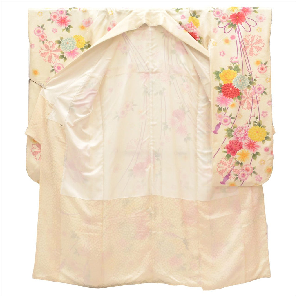 [Used] Furisode (long-sleeved kimono) - Single item, Pure silk, Length 165.5cm (65.2in) (L), Sleeve length 69.5cm (27.4in), Ready-made, Recycled kimono, Used, White with floral cord pattern, Silver accents, Vintage, uu0005b 