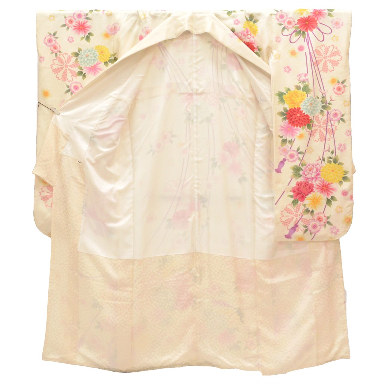 [Used] Furisode (long-sleeved kimono) - Single item, Pure silk, Length 165.5cm (65.2in) (L), Sleeve length 69.5cm (27.4in), Ready-made, Recycled kimono, Used, White with floral cord pattern, Silver accents, Vintage, uu0005b 
