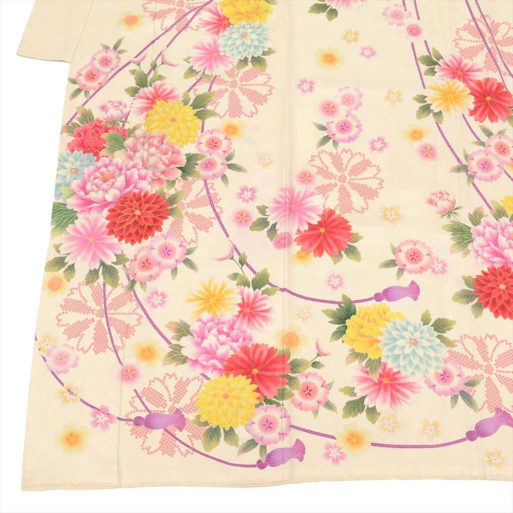 [Used] Furisode (long-sleeved kimono) - Single item, Pure silk, Length 165.5cm (65.2in) (L), Sleeve length 69.5cm (27.4in), Ready-made, Recycled kimono, Used, White with floral cord pattern, Silver accents, Vintage, uu0005b 