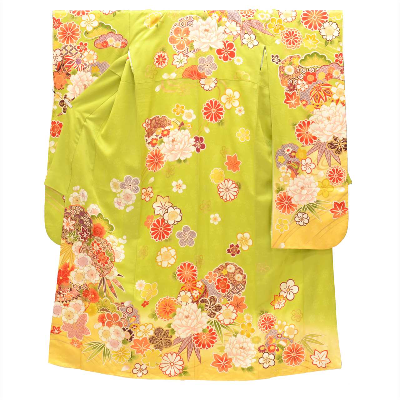 [Used] Furisode (long-sleeved kimono) - Single item, Pure silk, Length 180.0cm (70.9in) (LL size), Sleeve length 70.0cm (27.6in), Ready-made, Recycled kimono, Used, Green, Floral and snow ring pattern, Gold thread and gold embroidery, Vintage, uu0006b 