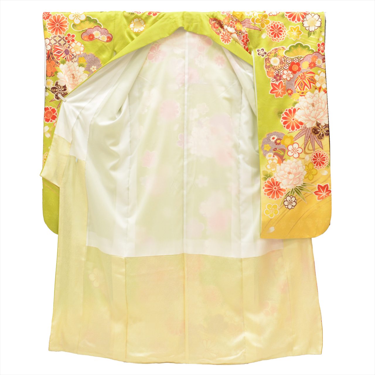 [Used] Furisode (long-sleeved kimono) - Single item, Pure silk, Length 180.0cm (70.9in) (LL size), Sleeve length 70.0cm (27.6in), Ready-made, Recycled kimono, Used, Green, Floral and snow ring pattern, Gold thread and gold embroidery, Vintage, uu0006b 
