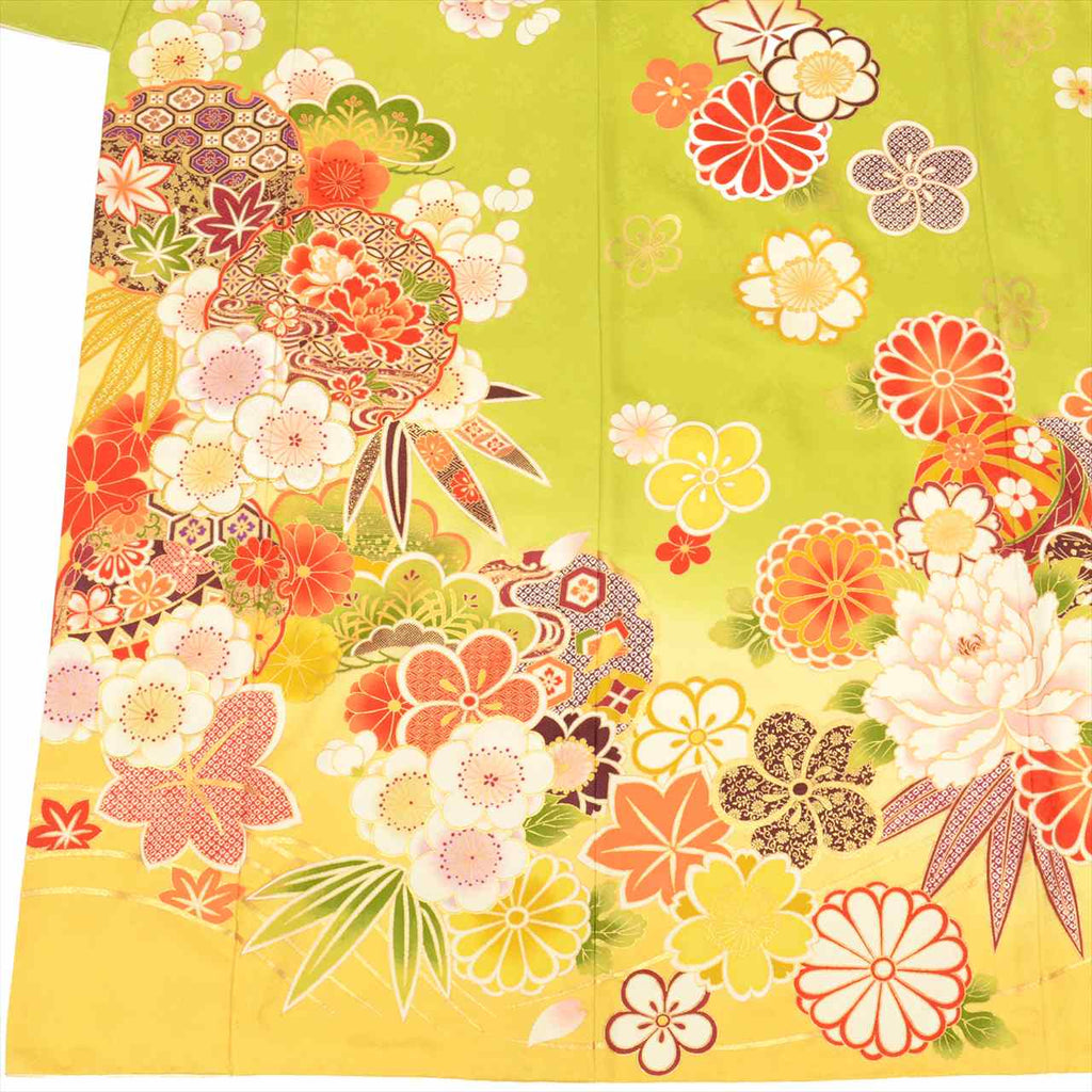 [Used] Furisode (long-sleeved kimono) - Single item, Pure silk, Length 180.0cm (70.9in) (LL size), Sleeve length 70.0cm (27.6in), Ready-made, Recycled kimono, Used, Green, Floral and snow ring pattern, Gold thread and gold embroidery, Vintage, uu0006b 