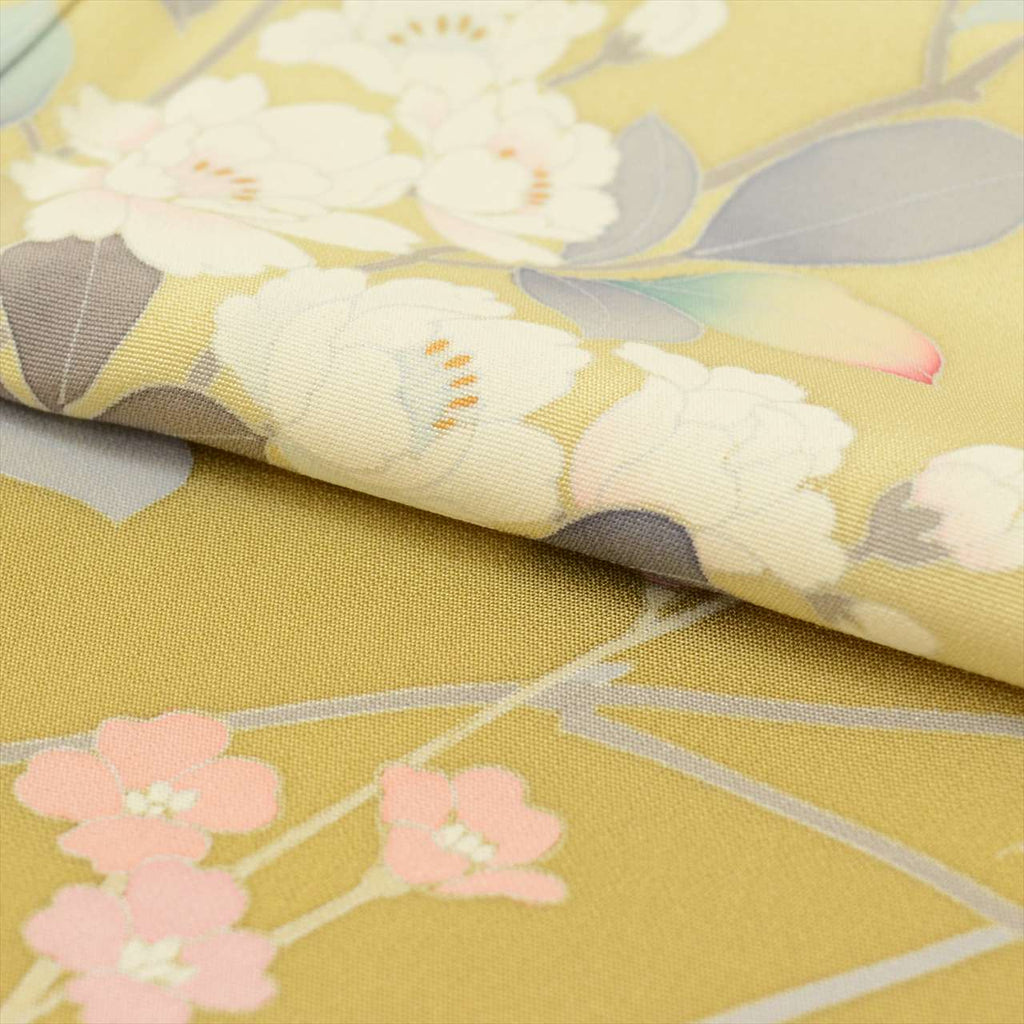 [Used] Visiting Kimono and Obi Set, Pure Silk, Used, Kimono Length 160.0cm (63.0in) (M), Sleeve Length 66.7cm (26.3in), Green with Floral Pattern, Obiage and Obi-jime Included, Crepe Fabric, Signed, Coordinated Outfit uu0011b 