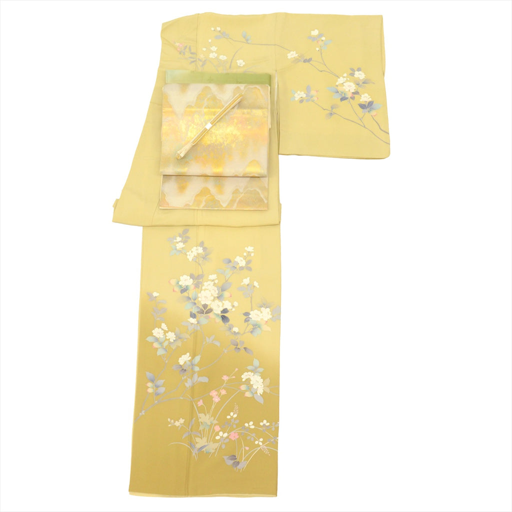 [Used] Visiting Kimono and Obi Set, Pure Silk, Used, Kimono Length 160.0cm (63.0in) (M), Sleeve Length 66.7cm (26.3in), Green with Floral Pattern, Obiage and Obi-jime Included, Crepe Fabric, Signed, Coordinated Outfit uu0011b 