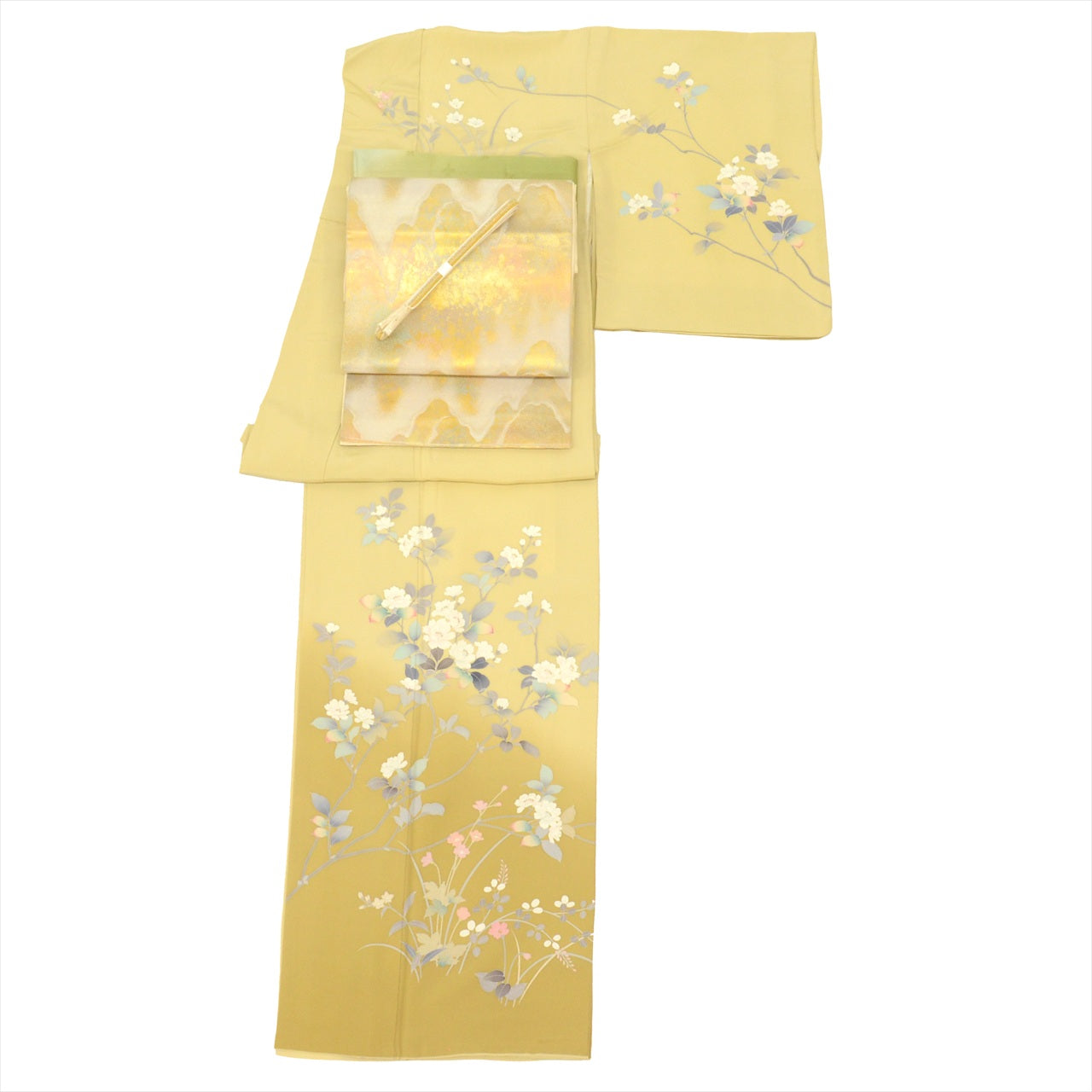 [Used] Visiting Kimono and Obi Set, Pure Silk, Used, Kimono Length 160.0cm (63.0in) (M), Sleeve Length 66.7cm (26.3in), Green with Floral Pattern, Obiage and Obi-jime Included, Crepe Fabric, Signed, Coordinated Outfit uu0011b 