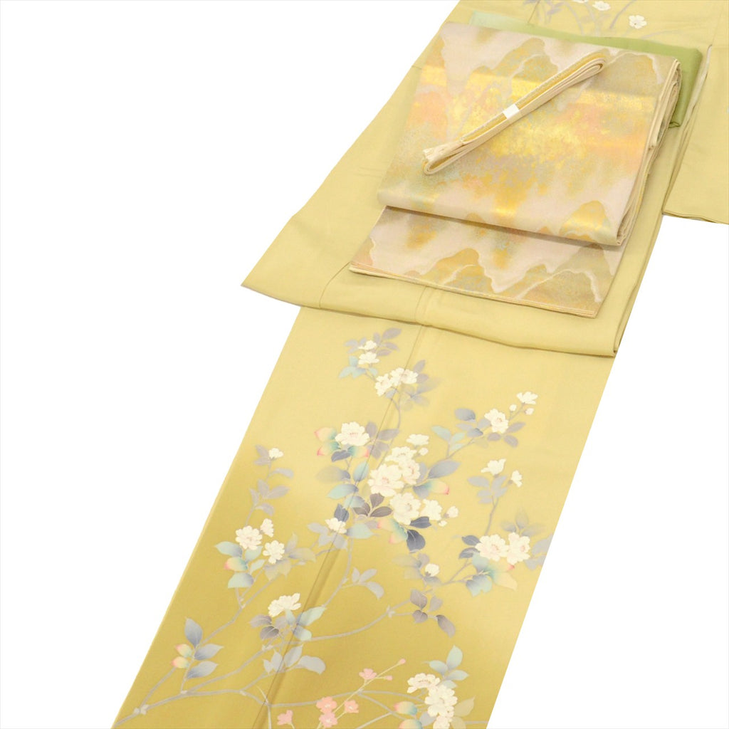 [Used] Visiting Kimono and Obi Set, Pure Silk, Used, Kimono Length 160.0cm (63.0in) (M), Sleeve Length 66.7cm (26.3in), Green with Floral Pattern, Obiage and Obi-jime Included, Crepe Fabric, Signed, Coordinated Outfit uu0011b 