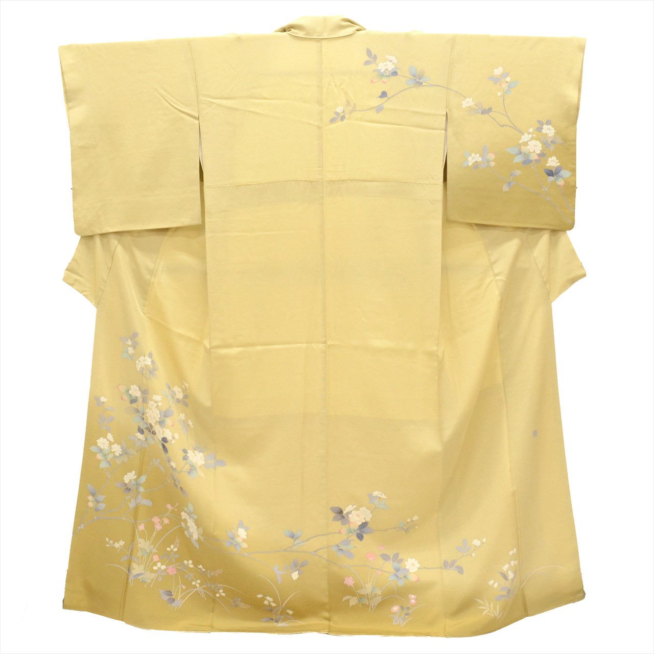 [Used] Visiting Kimono and Obi Set, Pure Silk, Used, Kimono Length 160.0cm (63.0in) (M), Sleeve Length 66.7cm (26.3in), Green with Floral Pattern, Obiage and Obi-jime Included, Crepe Fabric, Signed, Coordinated Outfit uu0011b 