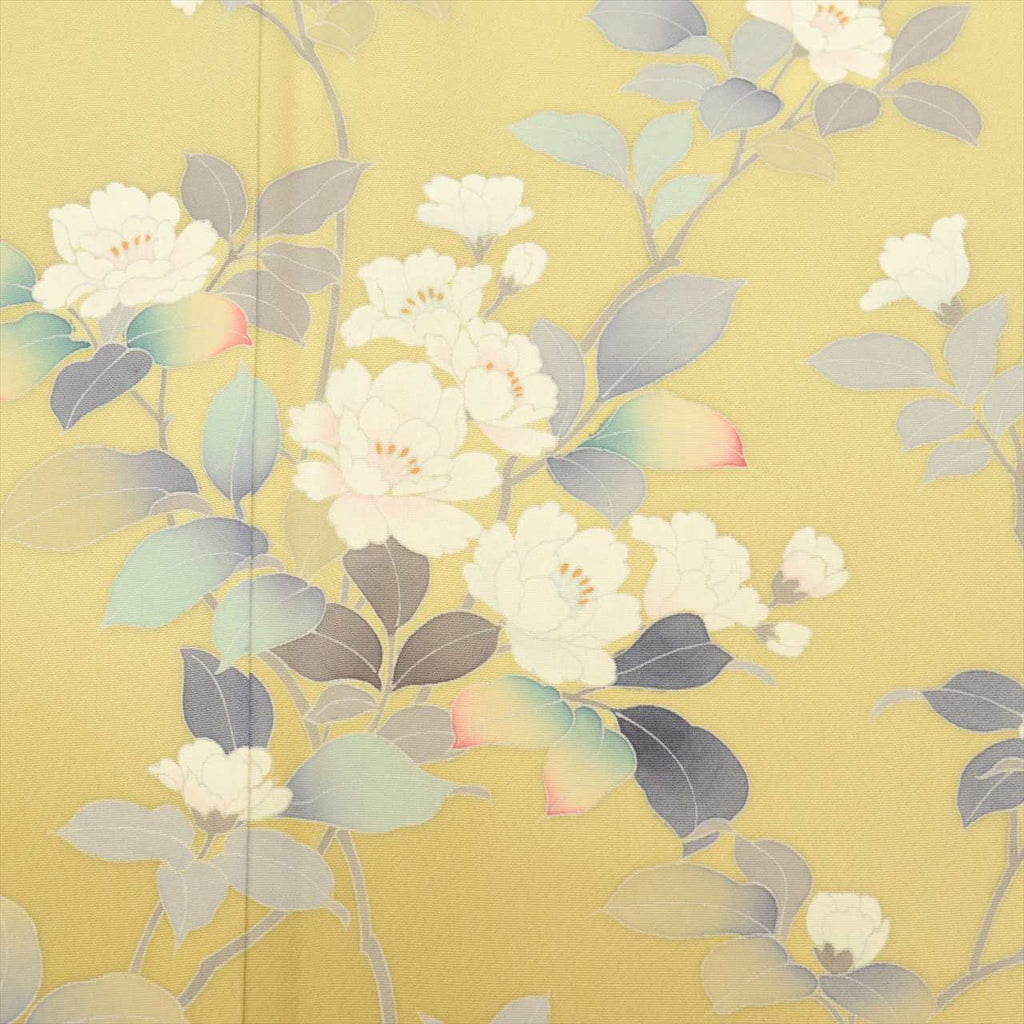 [Used] Visiting Kimono and Obi Set, Pure Silk, Used, Kimono Length 160.0cm (63.0in) (M), Sleeve Length 66.7cm (26.3in), Green with Floral Pattern, Obiage and Obi-jime Included, Crepe Fabric, Signed, Coordinated Outfit uu0011b 