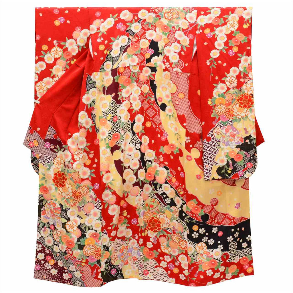 Furisode (long-sleeved kimono) - Single item, Pure silk, Length 158.5cm (62.4in) (M), Sleeve length 61.5cm (24.2in), Ready-made, Excellent condition, Recycled kimono, Red color scheme, Floral and kanoko (fawn spot) pattern, Vintage, uu0014b 