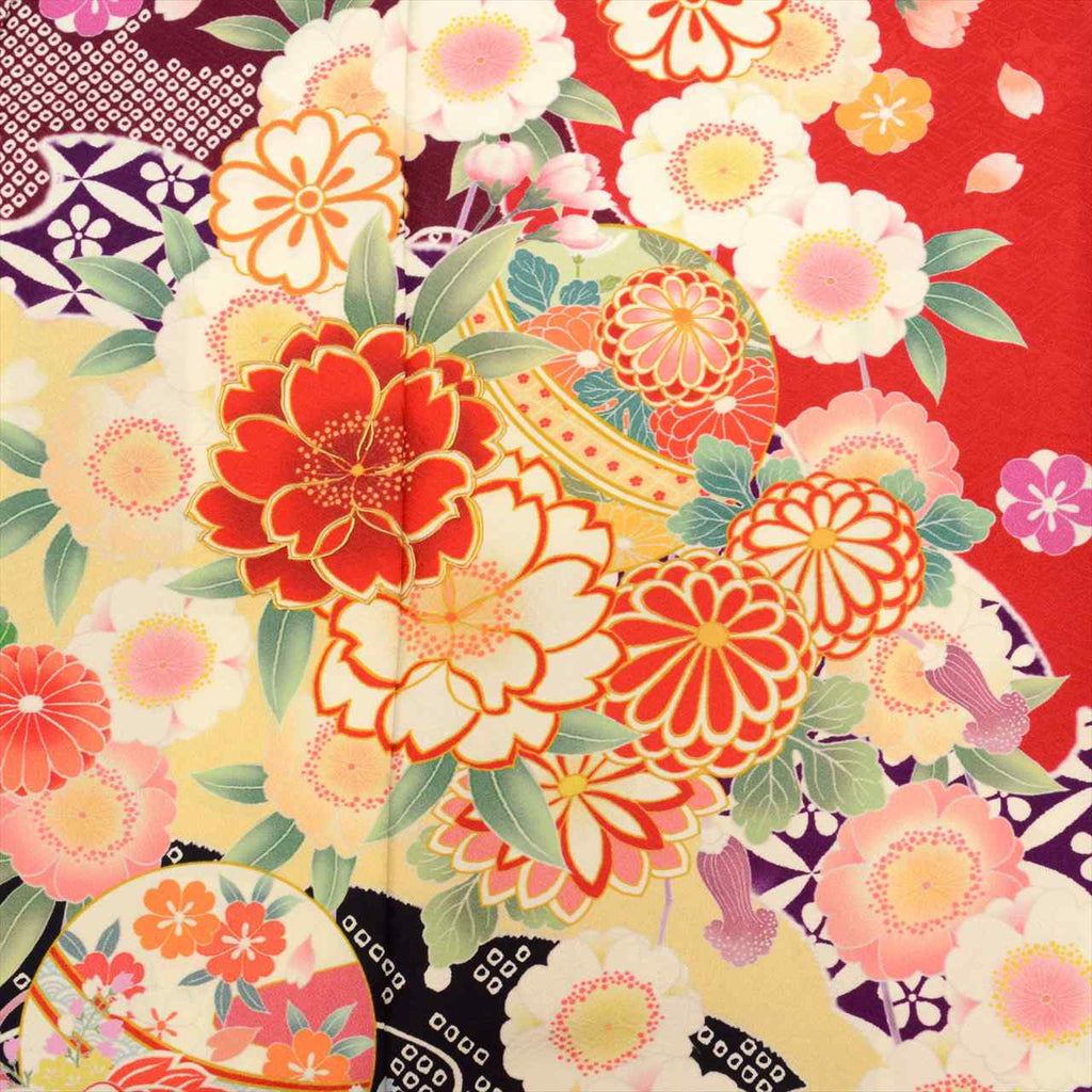 Furisode (long-sleeved kimono) - Single item, Pure silk, Length 158.5cm (62.4in) (M), Sleeve length 61.5cm (24.2in), Ready-made, Excellent condition, Recycled kimono, Red color scheme, Floral and kanoko (fawn spot) pattern, Vintage, uu0014b 