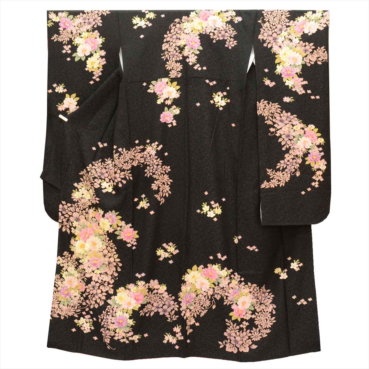 Furisode (long-sleeved kimono) - Single item, Pure silk, Length 175.0cm (68.9in), Size LL, Sleeve length 69.5cm (27.4in), Ready-made, Recycled kimono, Black with floral pattern and gold thread, Vintage, uu0015b 