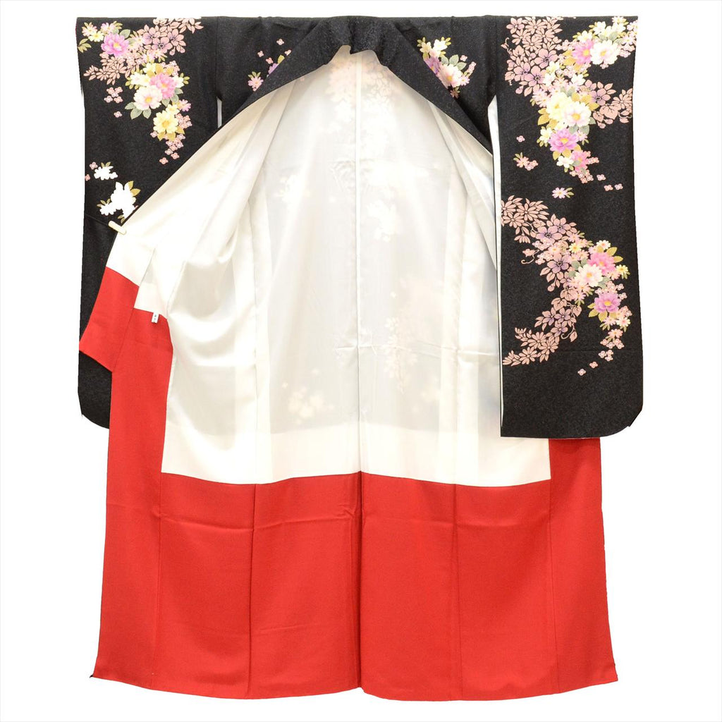 Furisode (long-sleeved kimono) - Single item, Pure silk, Length 175.0cm (68.9in), Size LL, Sleeve length 69.5cm (27.4in), Ready-made, Recycled kimono, Black with floral pattern and gold thread, Vintage, uu0015b 
