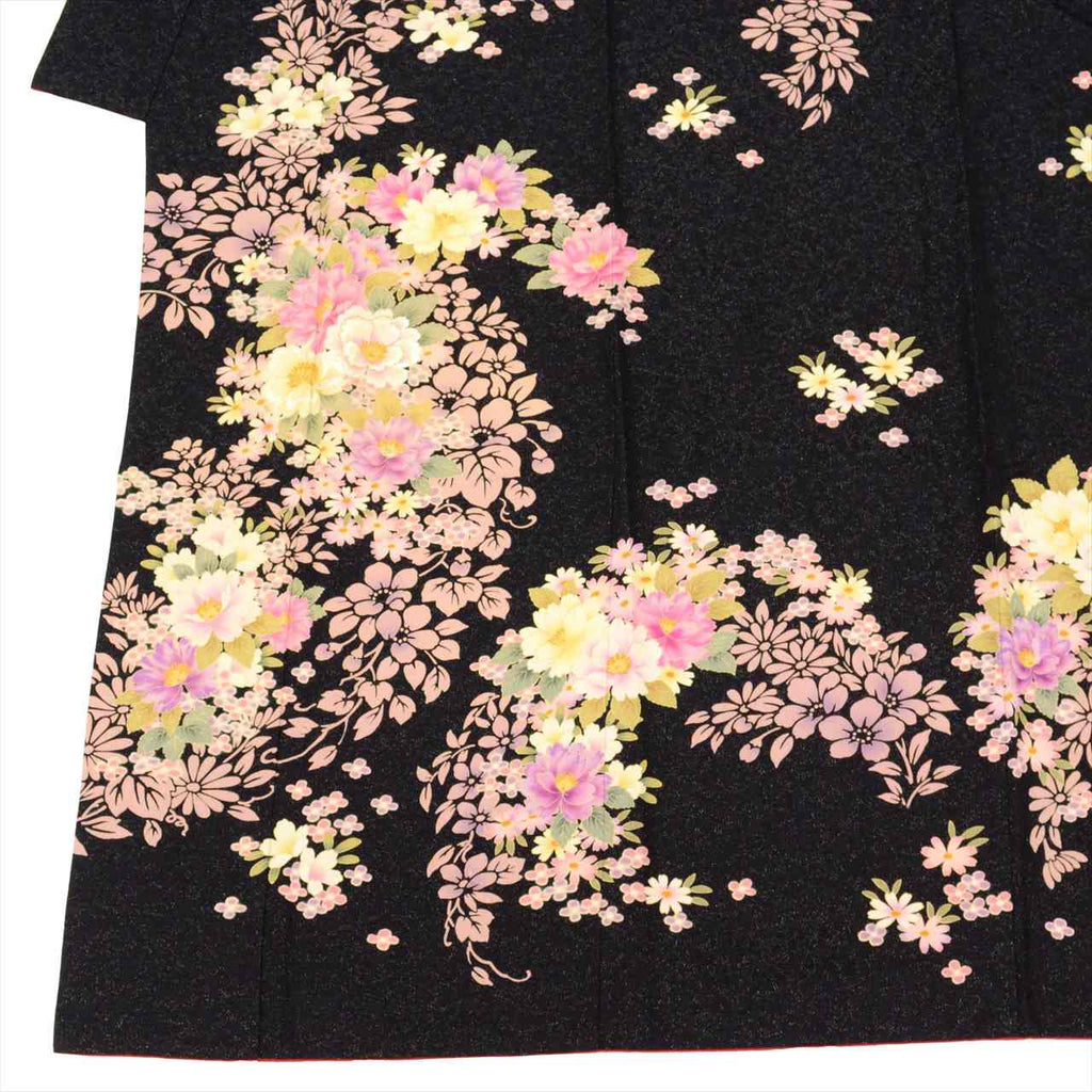 Furisode (long-sleeved kimono) - Single item, Pure silk, Length 175.0cm (68.9in), Size LL, Sleeve length 69.5cm (27.4in), Ready-made, Recycled kimono, Black with floral pattern and gold thread, Vintage, uu0015b 