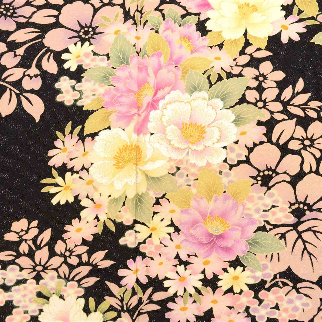 Furisode (long-sleeved kimono) - Single item, Pure silk, Length 175.0cm (68.9in), Size LL, Sleeve length 69.5cm (27.4in), Ready-made, Recycled kimono, Black with floral pattern and gold thread, Vintage, uu0015b 