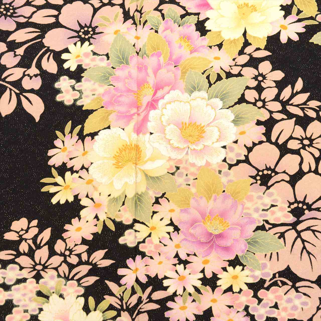 Furisode (long-sleeved kimono) - Single item, Pure silk, Length 175.0cm (68.9in), Size LL, Sleeve length 69.5cm (27.4in), Ready-made, Recycled kimono, Black with floral pattern and gold thread, Vintage, uu0015b 