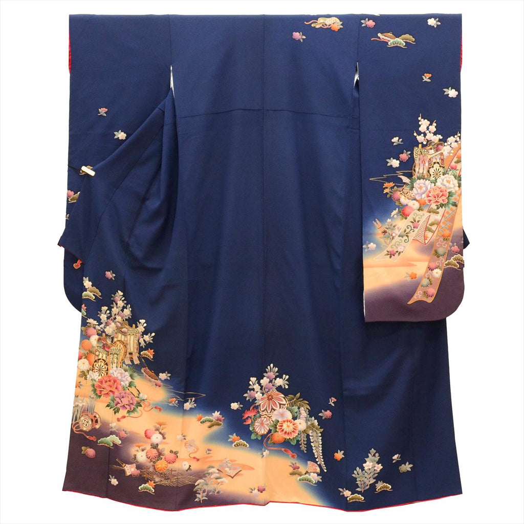 Furisode (long-sleeved kimono) - Single item, Pure silk, Length 168.5cm (66.3in), Size LL, Sleeve length 66.5cm (26.2in), Ready-made, Recycled kimono, Excellent condition, Navy blue, Floral and ball pattern, Gold embroidery, Vintage, uu0016b 