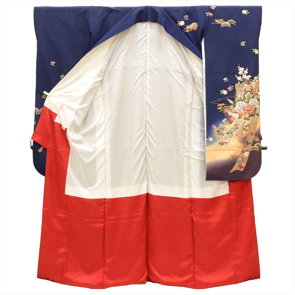 Furisode (long-sleeved kimono) - Single item, Pure silk, Length 168.5cm (66.3in), Size LL, Sleeve length 66.5cm (26.2in), Ready-made, Recycled kimono, Excellent condition, Navy blue, Floral and ball pattern, Gold embroidery, Vintage, uu0016b 