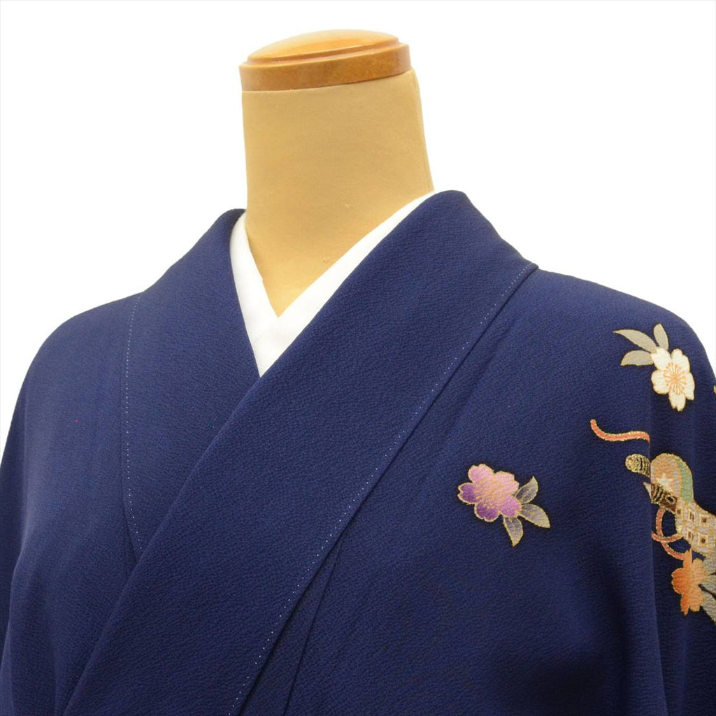 Furisode (long-sleeved kimono) - Single item, Pure silk, Length 168.5cm (66.3in), Size LL, Sleeve length 66.5cm (26.2in), Ready-made, Recycled kimono, Excellent condition, Navy blue, Floral and ball pattern, Gold embroidery, Vintage, uu0016b 