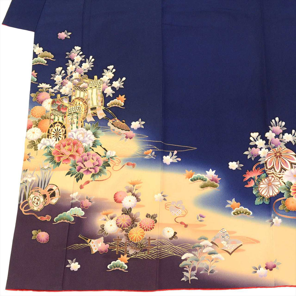 Furisode (long-sleeved kimono) - Single item, Pure silk, Length 168.5cm (66.3in), Size LL, Sleeve length 66.5cm (26.2in), Ready-made, Recycled kimono, Excellent condition, Navy blue, Floral and ball pattern, Gold embroidery, Vintage, uu0016b 
