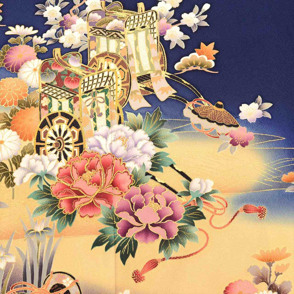 Furisode (long-sleeved kimono) - Single item, Pure silk, Length 168.5cm (66.3in), Size LL, Sleeve length 66.5cm (26.2in), Ready-made, Recycled kimono, Excellent condition, Navy blue, Floral and ball pattern, Gold embroidery, Vintage, uu0016b 