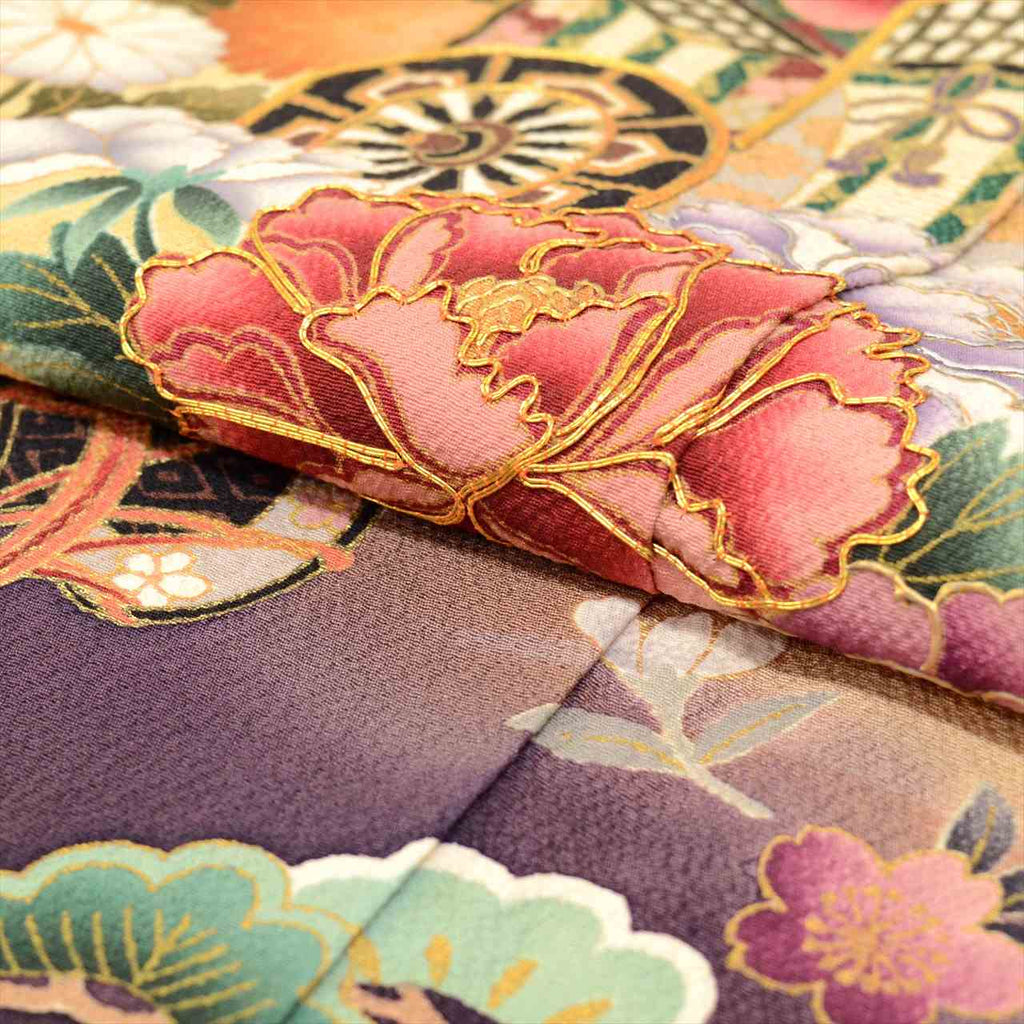 Furisode (long-sleeved kimono) - Single item, Pure silk, Length 168.5cm (66.3in), Size LL, Sleeve length 66.5cm (26.2in), Ready-made, Recycled kimono, Excellent condition, Navy blue, Floral and ball pattern, Gold embroidery, Vintage, uu0016b 