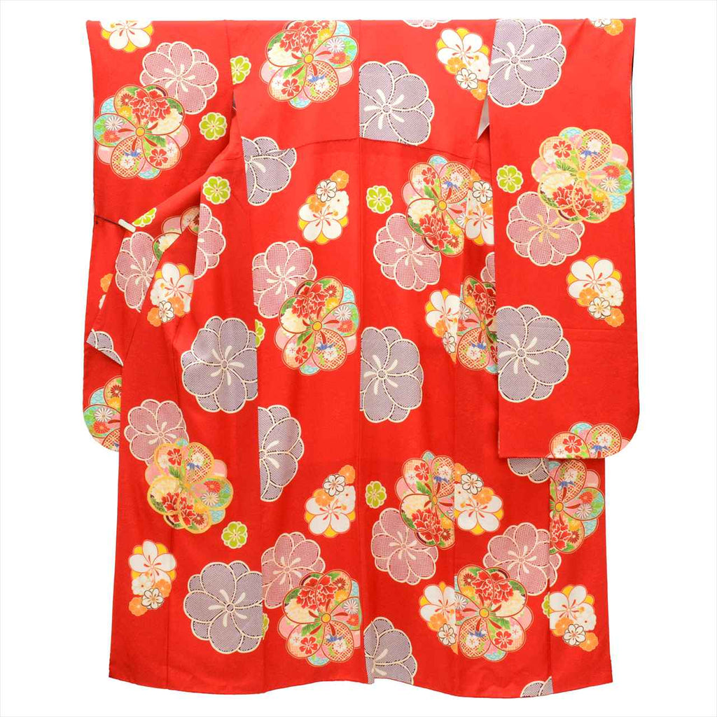 Furisode (long-sleeved kimono) - Single item, Pure silk, Length 175.5cm (69.1in), Size LL, Sleeve length 70.5cm (27.8in), Ready-made, Recycled kimono, Excellent condition, Ready-made, Red color, Floral pattern, Gold embroidery, Vintage, uu0018b 