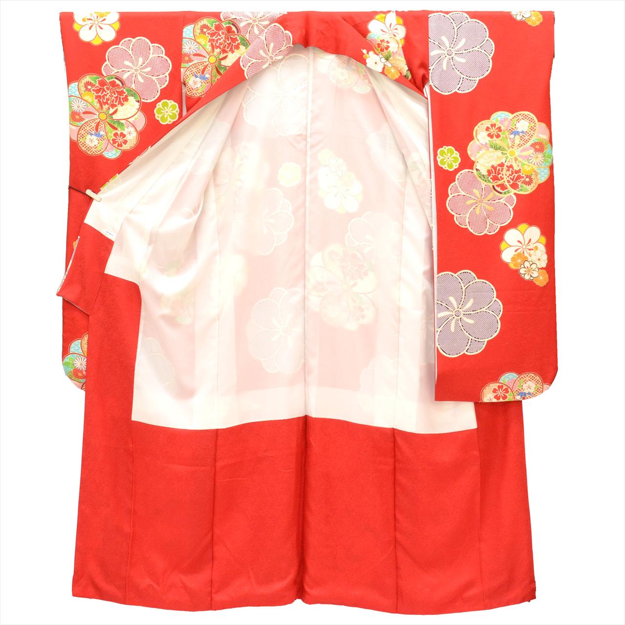 Furisode (long-sleeved kimono) - Single item, Pure silk, Length 175.5cm (69.1in), Size LL, Sleeve length 70.5cm (27.8in), Ready-made, Recycled kimono, Excellent condition, Ready-made, Red color, Floral pattern, Gold embroidery, Vintage, uu0018b 