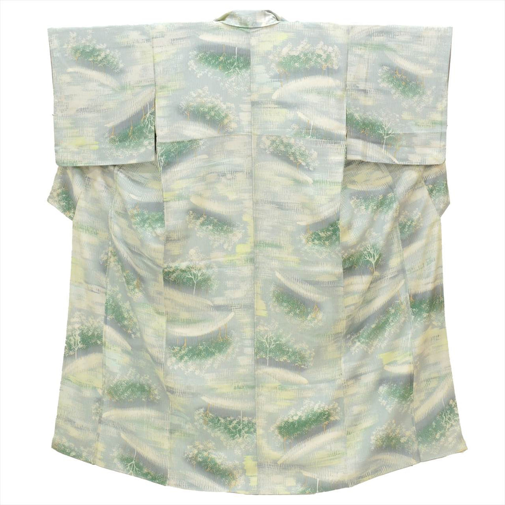 [Used] Komon (small patterned) recycled kimono, pure silk, length 155cm (size S), sleeve length 65cm, lined, unused, gray color, tree pattern, crepe fabric, used kimono, high quality, semi-formal, spring, summer, autumn, winter, ready-made. 