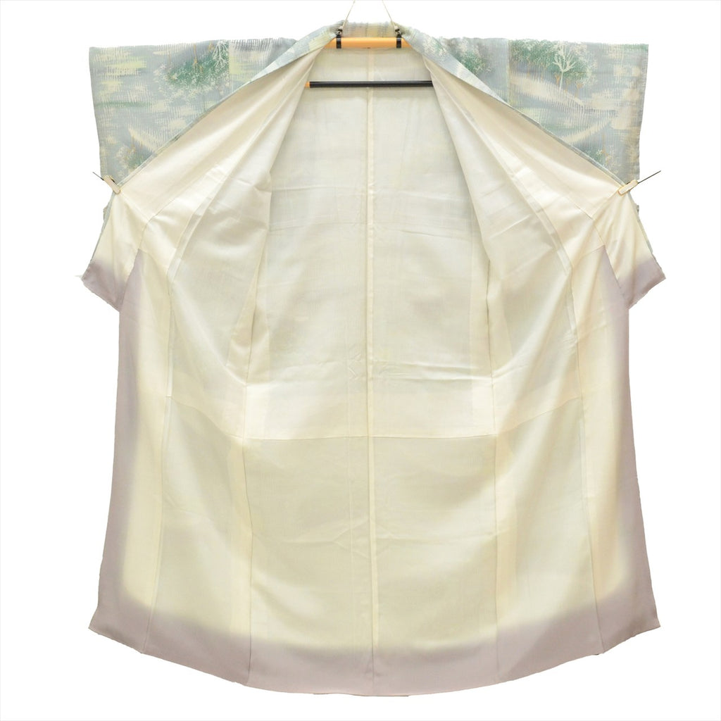 [Used] Komon (small patterned) recycled kimono, pure silk, length 155cm (size S), sleeve length 65cm, lined, unused, gray color, tree pattern, crepe fabric, used kimono, high quality, semi-formal, spring, summer, autumn, winter, ready-made. 