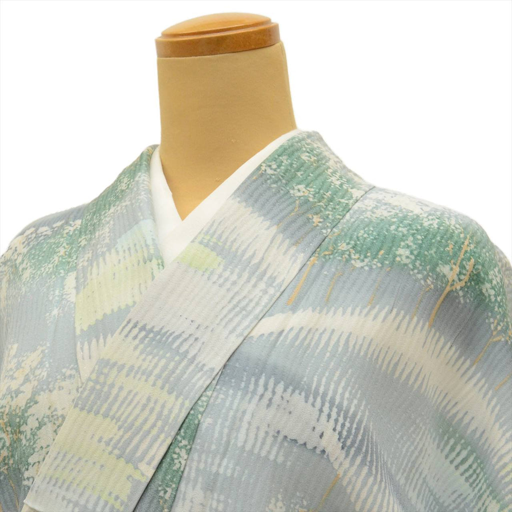 [Used] Komon (small patterned) recycled kimono, pure silk, length 155cm (size S), sleeve length 65cm, lined, unused, gray color, tree pattern, crepe fabric, used kimono, high quality, semi-formal, spring, summer, autumn, winter, ready-made. 