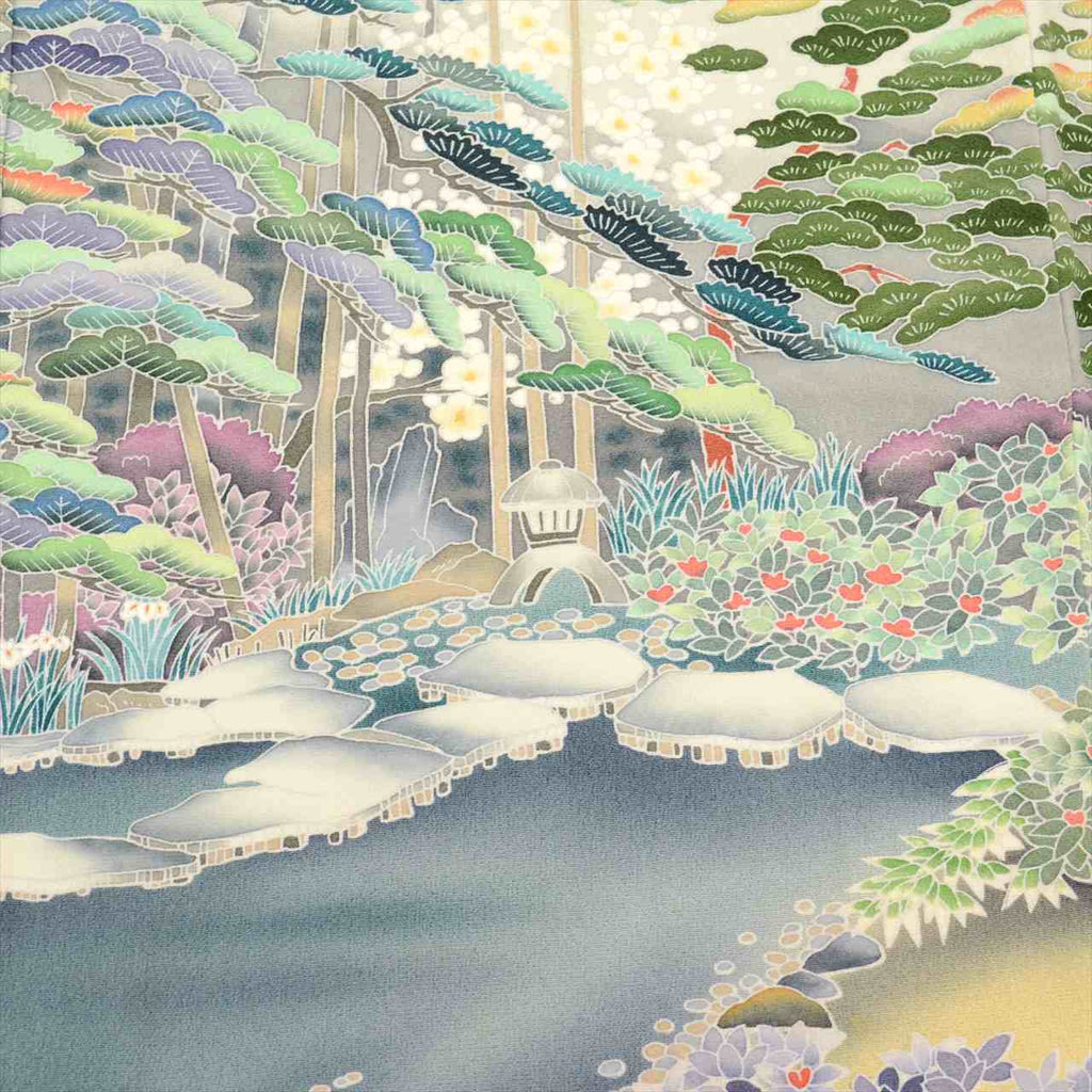[Used] Black formal kimono (Kurotomesode), pure silk, length 154.0cm (60.6in) (size S), sleeve length 63.0cm (24.8in), lined, ready-made, used, recycled kimono, black, landscape and pine tree pattern, double lining, five crests, with signature, uu0037b 
