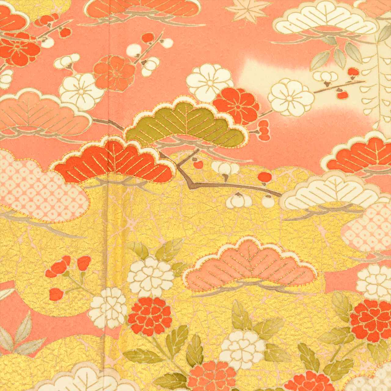 [Used] Recycled formal kimono (Houmongi), length 163.0cm (64.2in) (L), sleeve length 68.0cm (26.8in), pure silk, lined, ready-made, used, recycled kimono, white, cloud and pine tree pattern, gold leaf, gold thread embroidery, uu0038b 