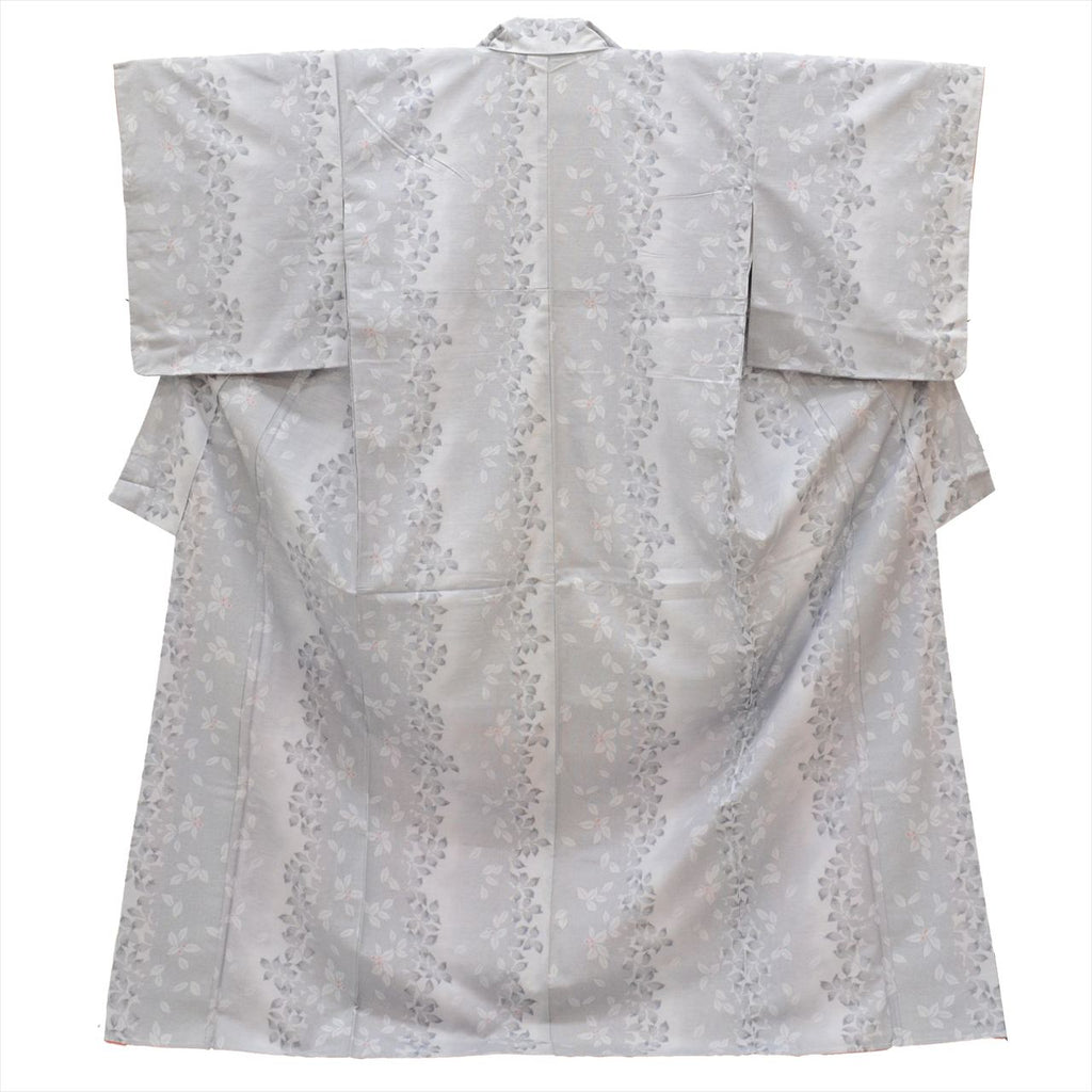 Vintage Japanese Kimono | Tsumugi | Gray Silk | Botanical Pattern | Unlined | Size L | Sustainable | uu0040b