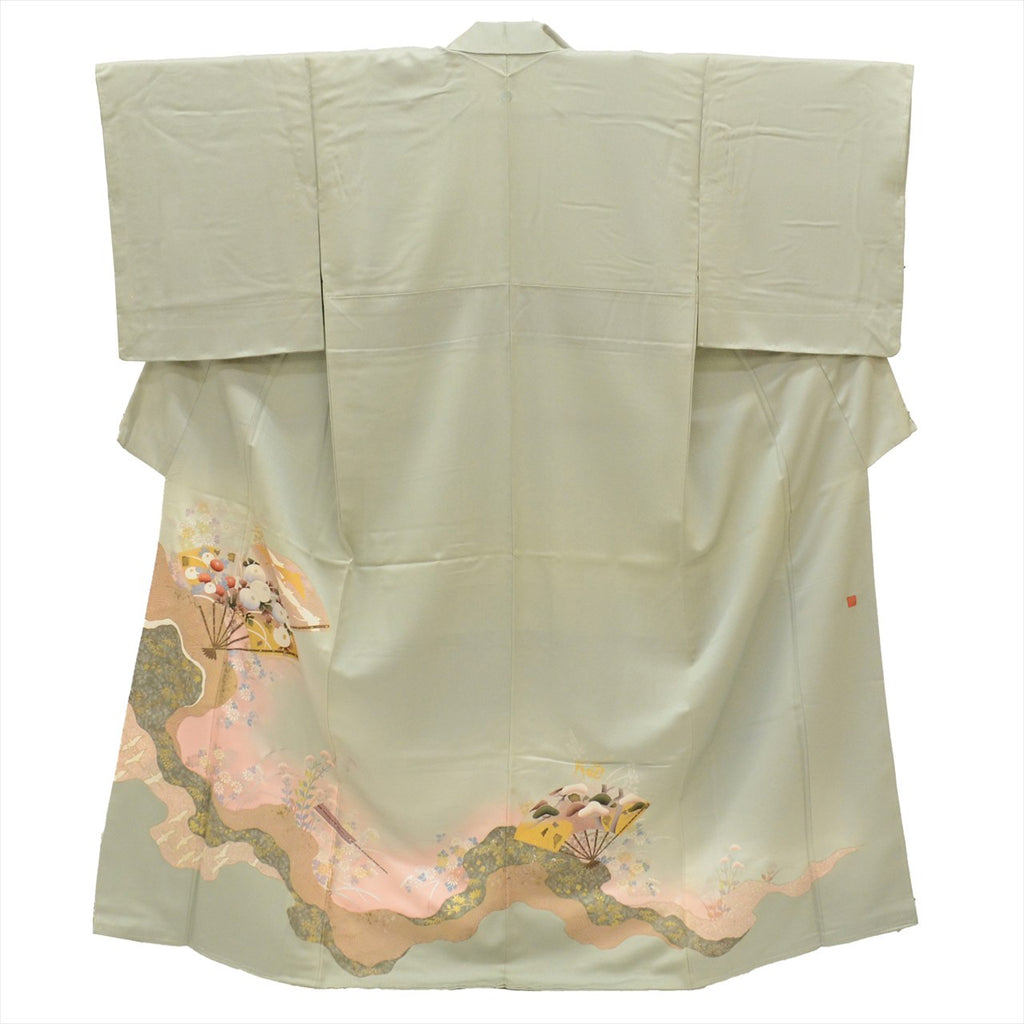 [Used] Silk formal kimono (Irotomesode), lined, length 158.0cm (62.2in) (size M), sleeve length 65.5cm (25.8in), ready-made, recycled kimono, green, fan pattern, formal kimono style, single crest, gold leaf, with signature. uu0064b 