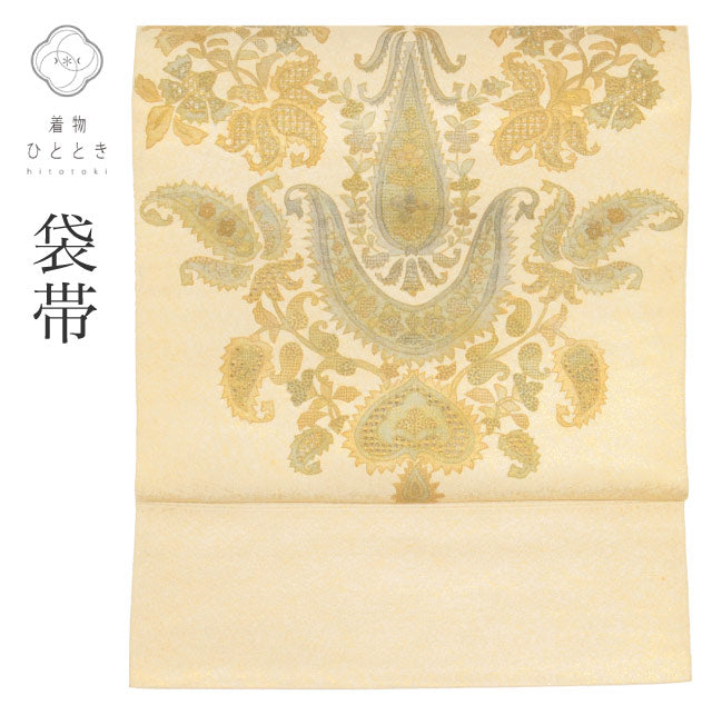 【中古】 袋帯 リサイクル 正絹 フォーマル カジュアル ペイズリー文様 お太鼓柄 引箔 汕頭刺繍 スワトウ uu0074b 【 送料無料 リユース 和服 結婚式 お祝い お茶会 パーティー 入学式 卒業式 お茶会 お茶席 茶道 着物 帯 kimono 通販 】