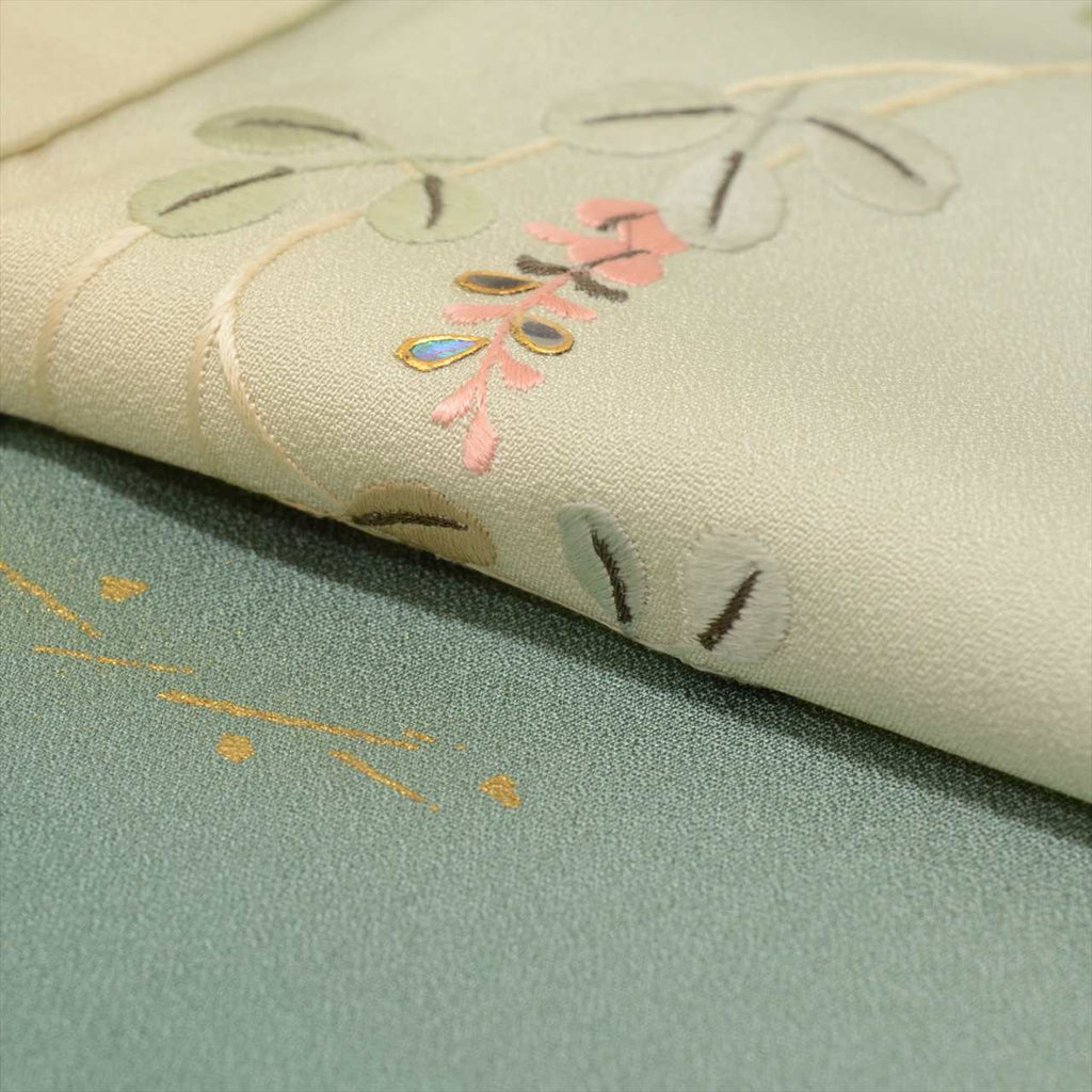 Vintage Japanese Kimono | Tsukesage | Green Silk | Botanical Floral | Embroidery | Size L | Sustainable | uu0079b