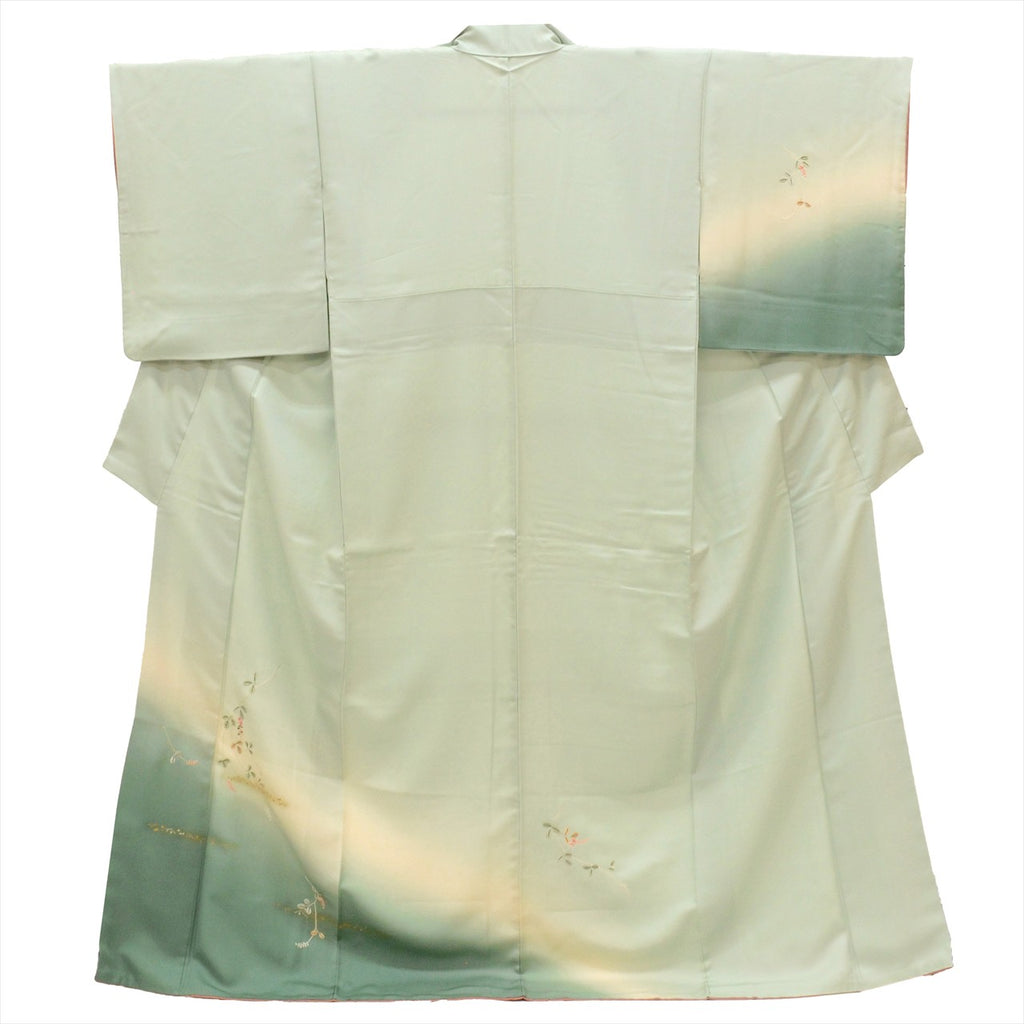 Vintage Japanese Kimono | Tsukesage | Green Silk | Botanical Floral | Embroidery | Size L | Sustainable | uu0079b