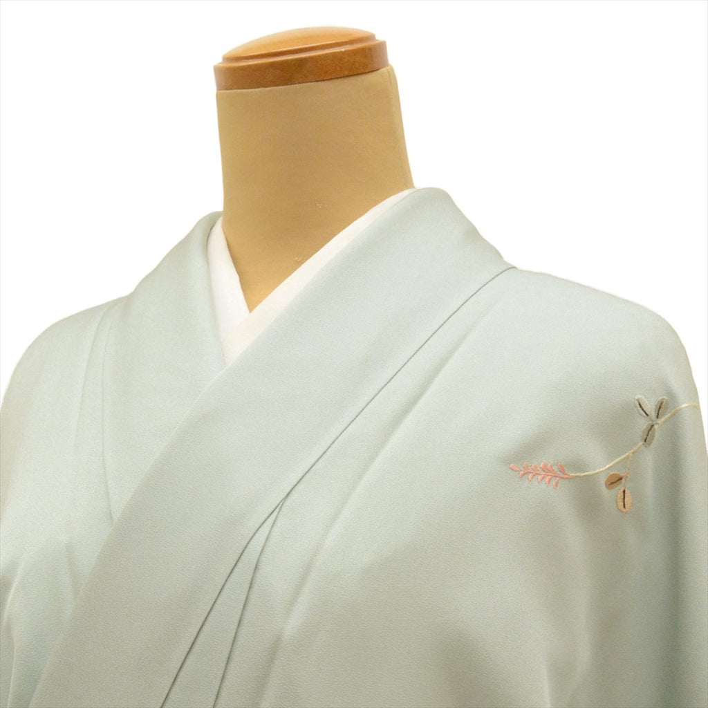 Vintage Japanese Kimono | Tsukesage | Green Silk | Botanical Floral | Embroidery | Size L | Sustainable | uu0079b